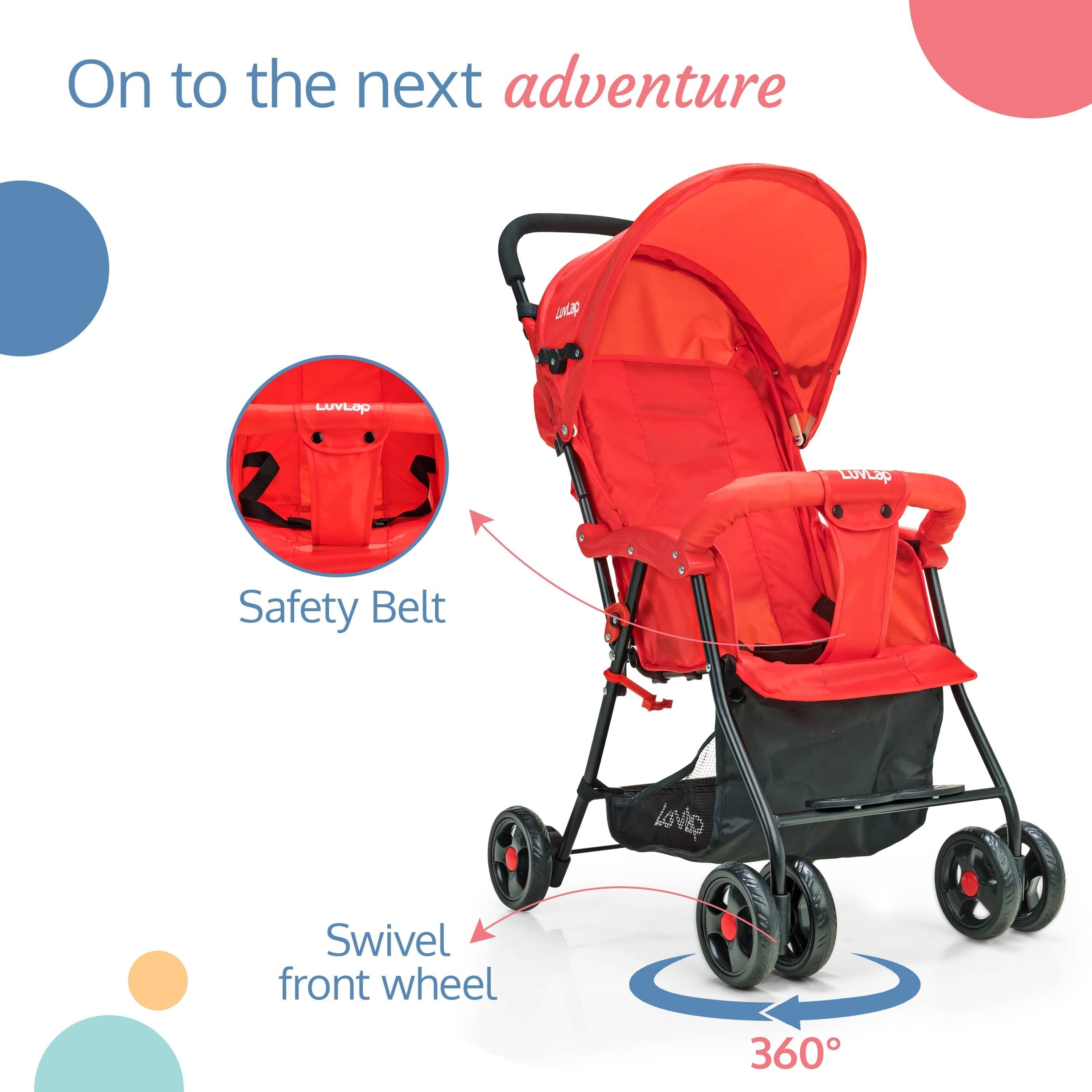luvlap Apollo Stroller with Multi-Position Recline, Lightweight, 3-Point Safety Harness, Rear Wheel Brakes, Swivel Front Wheels, Storage Basket, Weight Capacity 15Kgs, Red