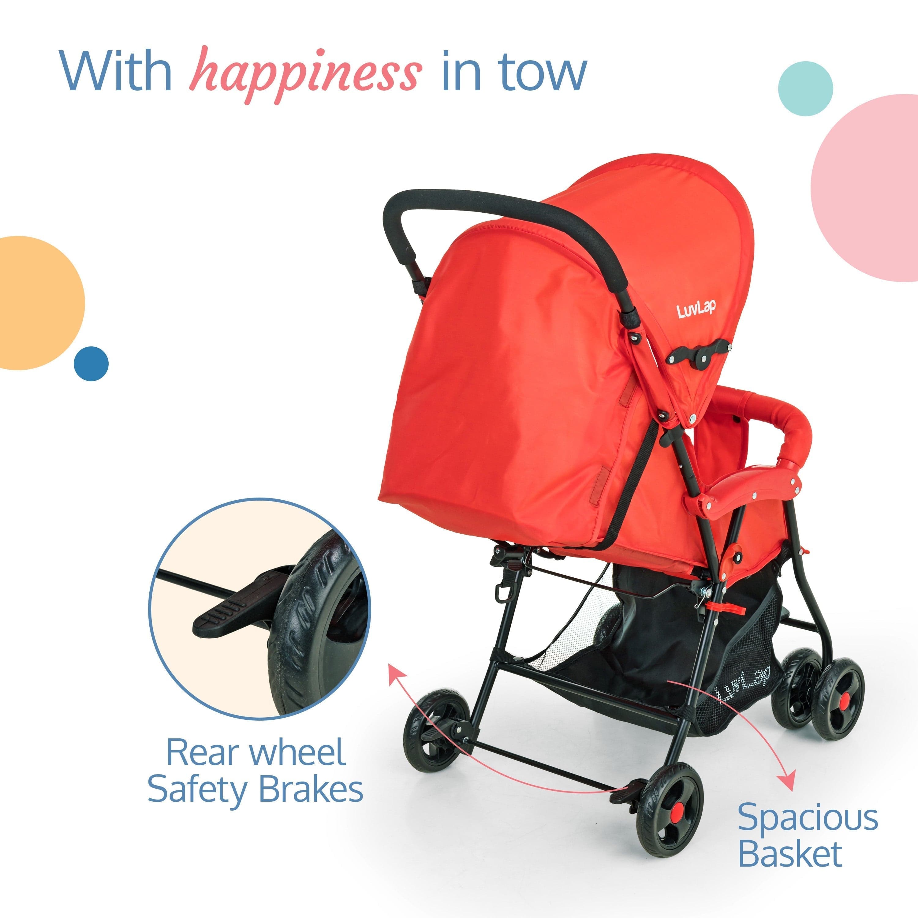 luvlap Apollo Stroller with Multi-Position Recline, Lightweight, 3-Point Safety Harness, Rear Wheel Brakes, Swivel Front Wheels, Storage Basket, Weight Capacity 15Kgs, Red