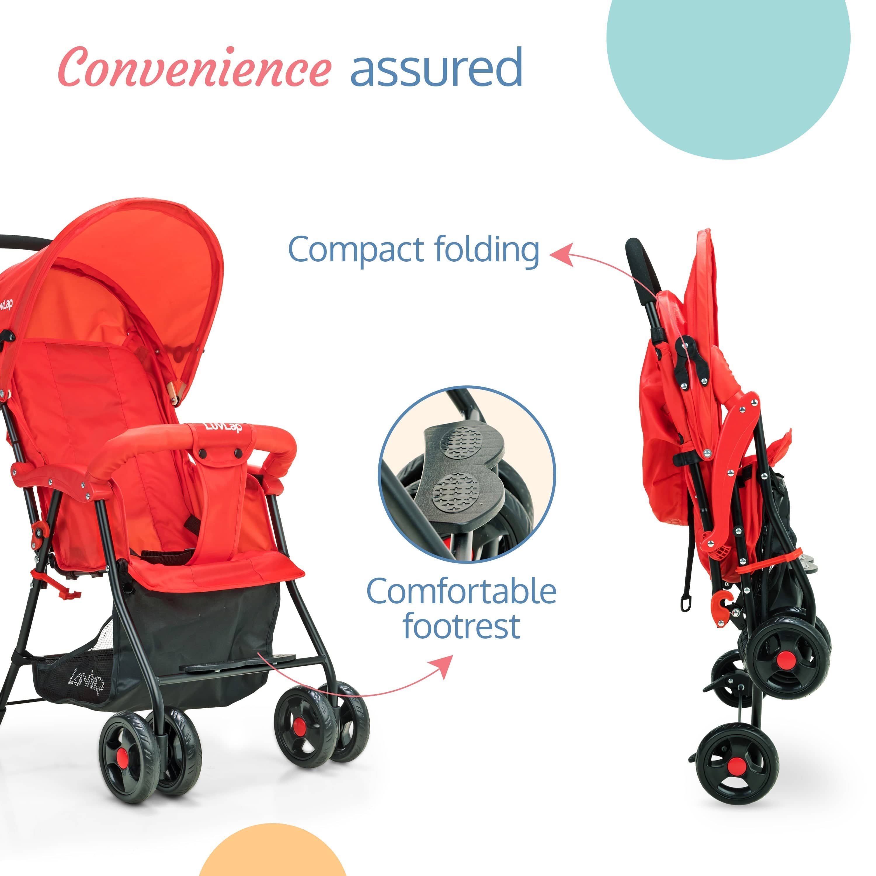 luvlap Apollo Stroller with Multi-Position Recline, Lightweight, 3-Point Safety Harness, Rear Wheel Brakes, Swivel Front Wheels, Storage Basket, Weight Capacity 15Kgs, Red