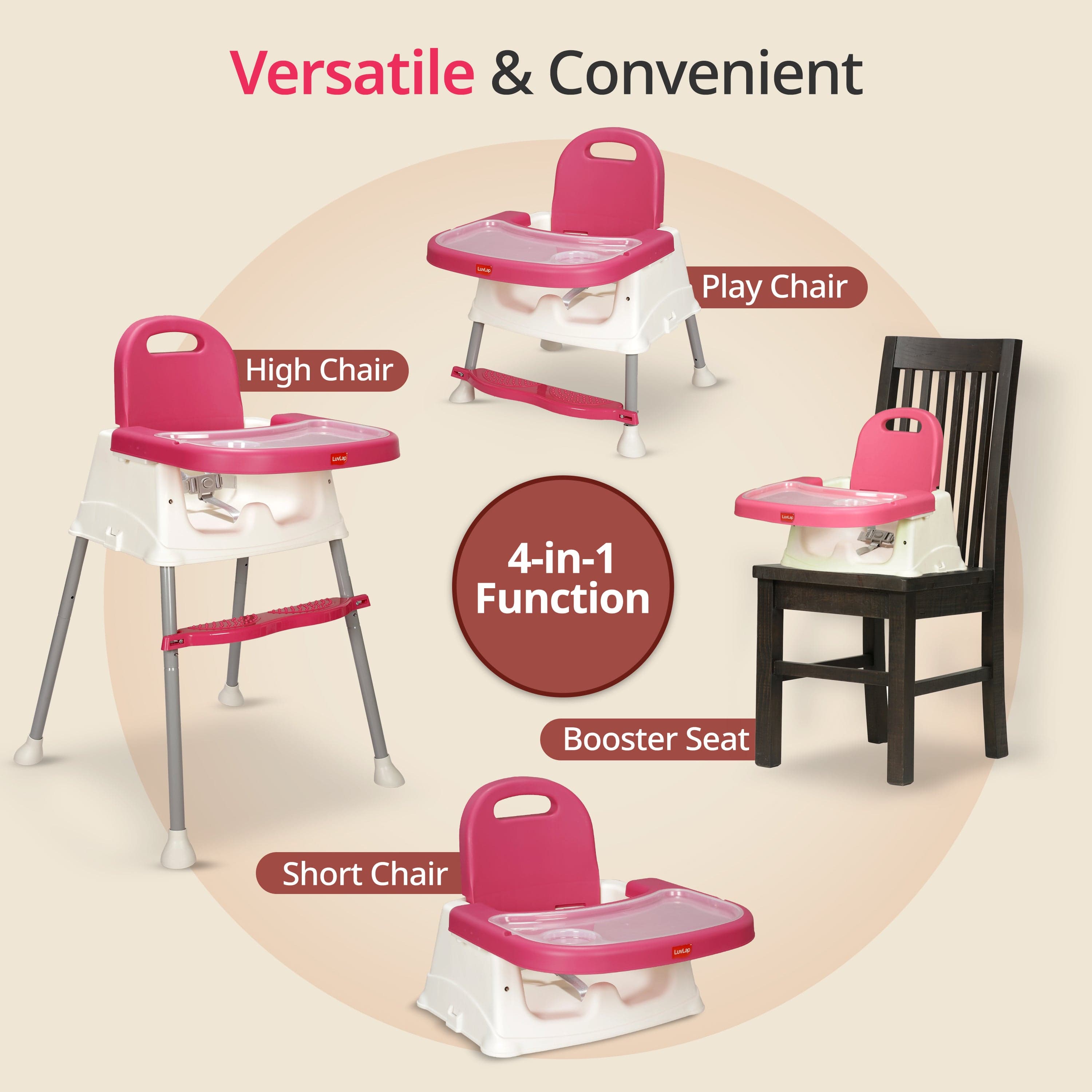 luvlap 4 in 1 Convertible Baby High Chair with footrest, Convertible to High Chair, Low Chair, & Booster Seat, Essential for Baby Feeding (Pink)