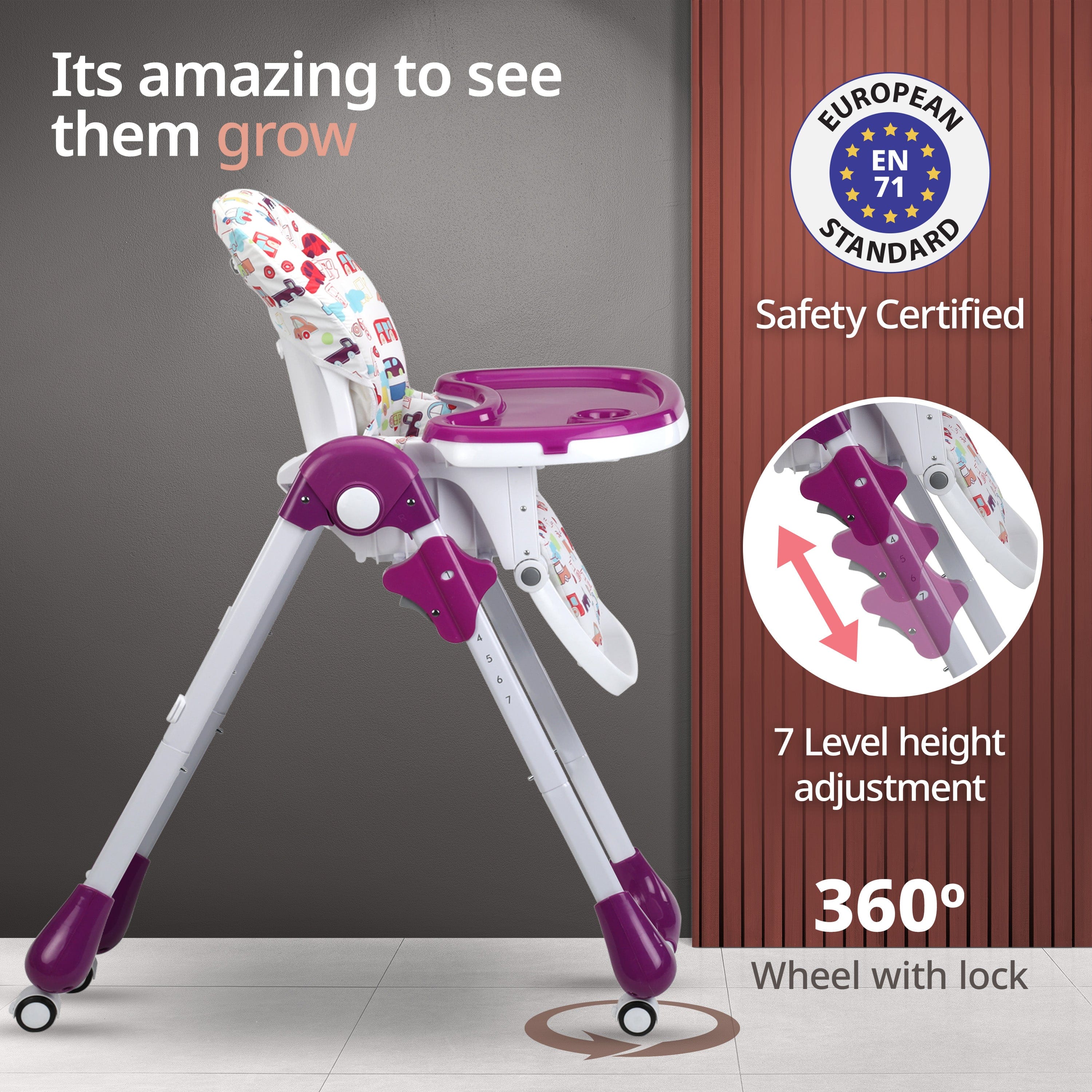 luvlap Royal High Chair for Baby, En 71 Certified, 3 Position Recline, Baby Feeding Chair with 7 Level Height Adjustment, Adjustable Footrest, 6 Months+ (Purple)