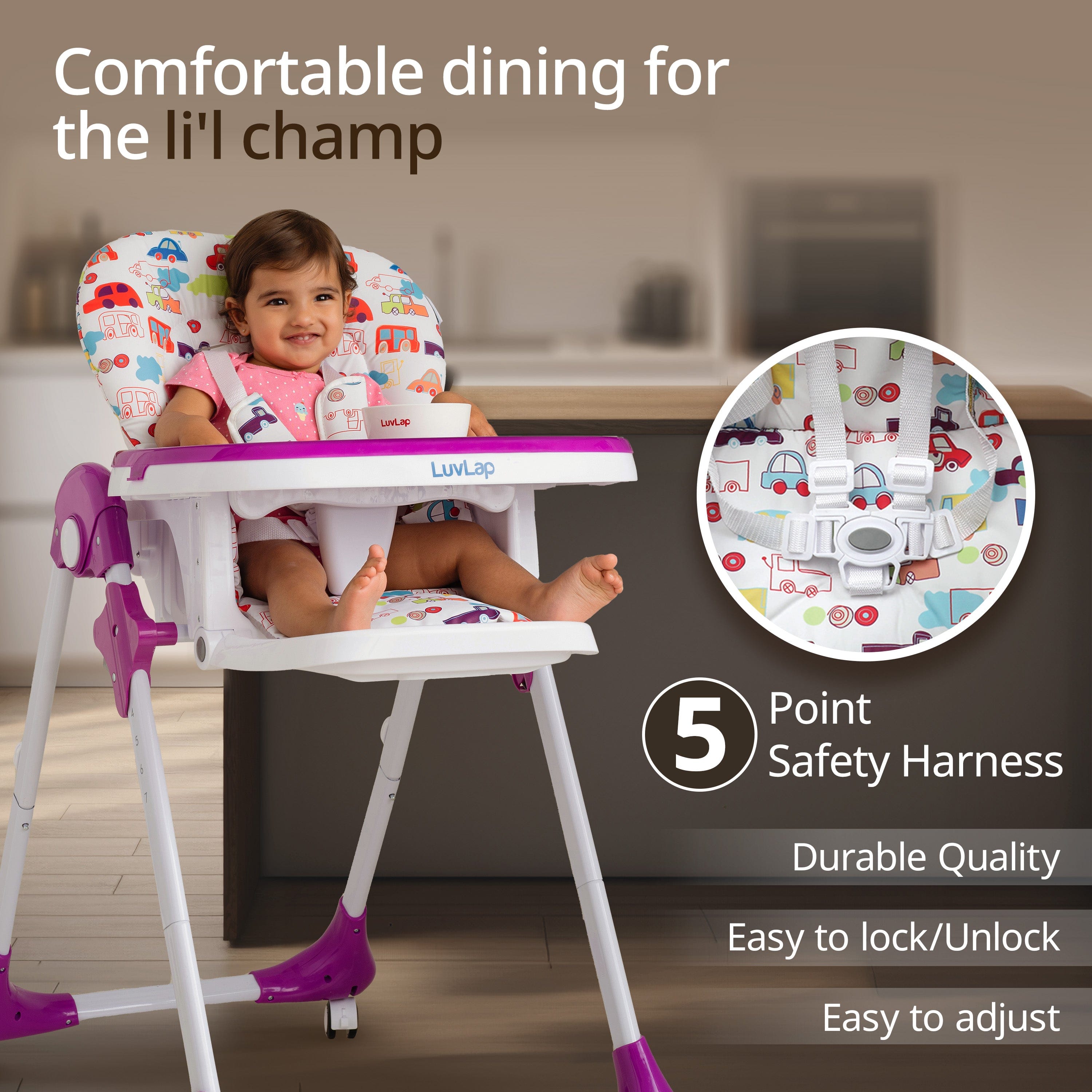 luvlap Royal High Chair for Baby, En 71 Certified, 3 Position Recline, Baby Feeding Chair with 7 Level Height Adjustment, Adjustable Footrest, 6 Months+ (Purple)