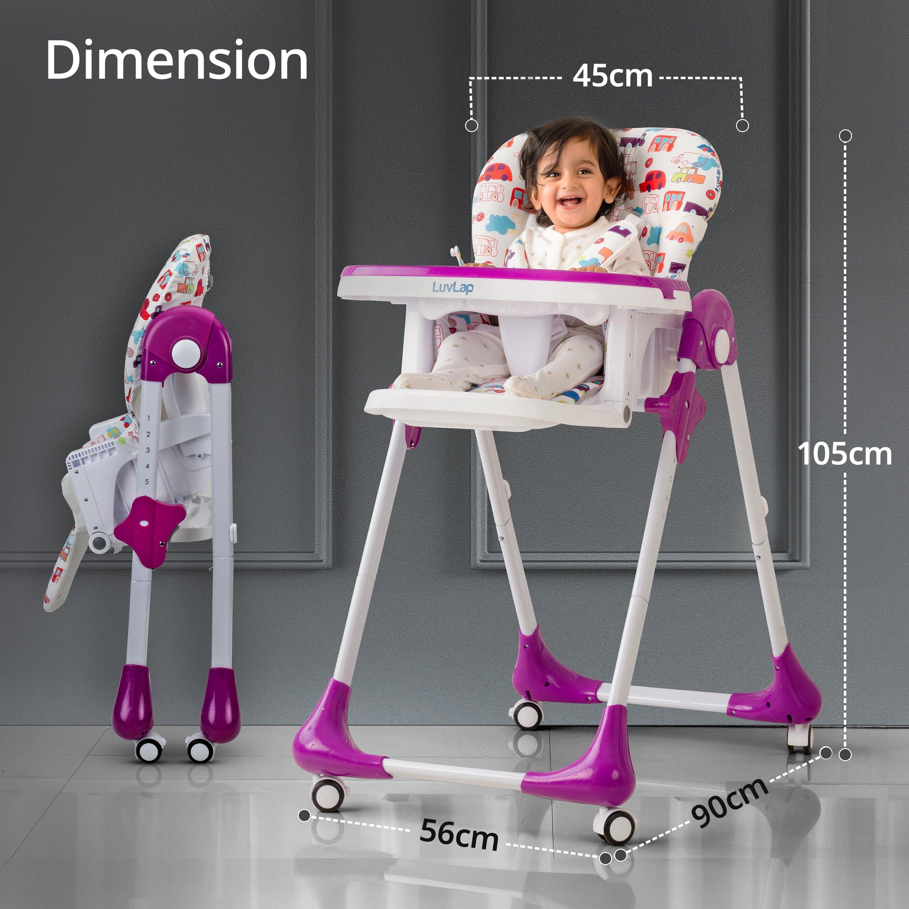 luvlap Royal High Chair for Baby, En 71 Certified, 3 Position Recline, Baby Feeding Chair with 7 Level Height Adjustment, Adjustable Footrest, 6 Months+ (Purple)