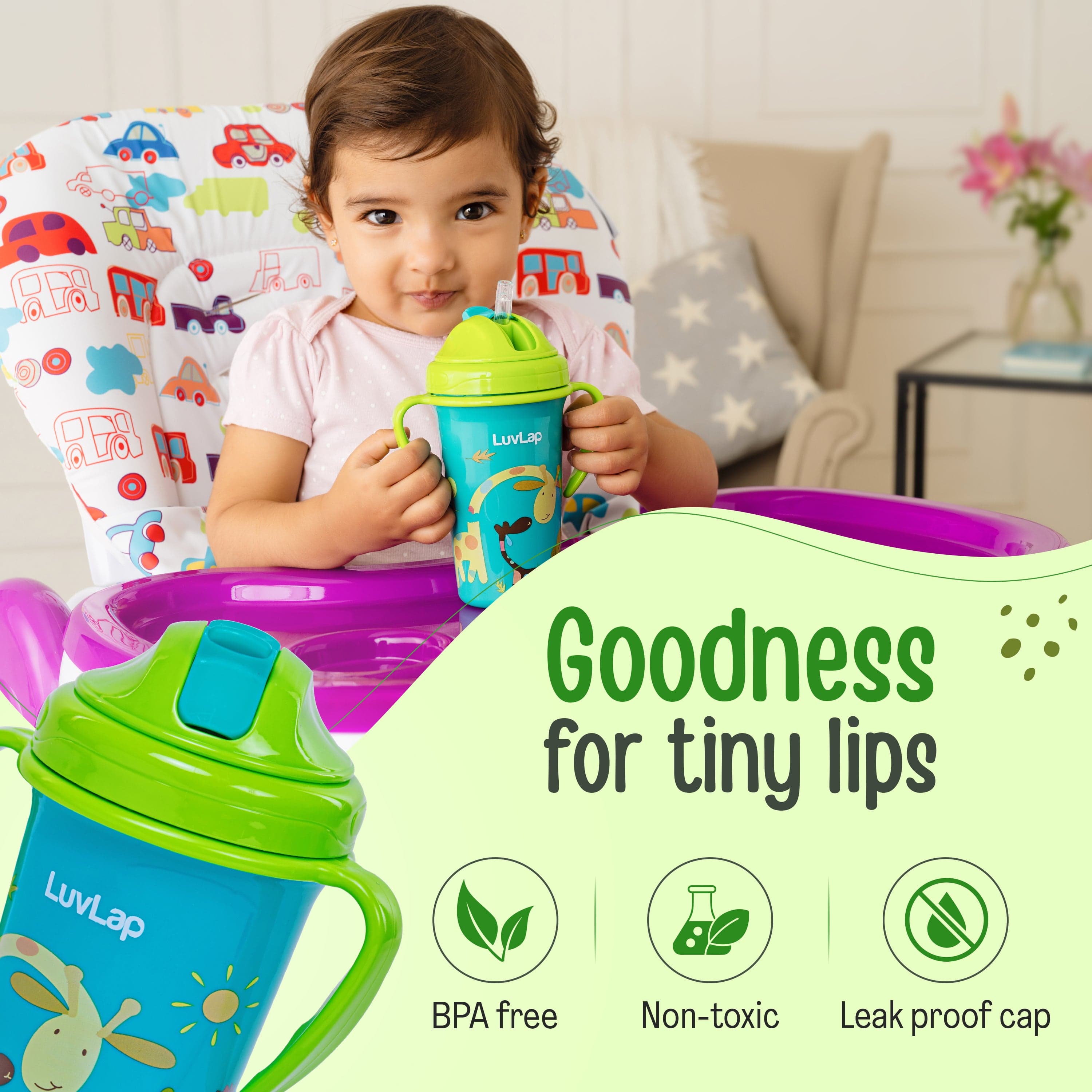 LuvLap Tiny Giffy Straw Sipper, 300Ml, Green