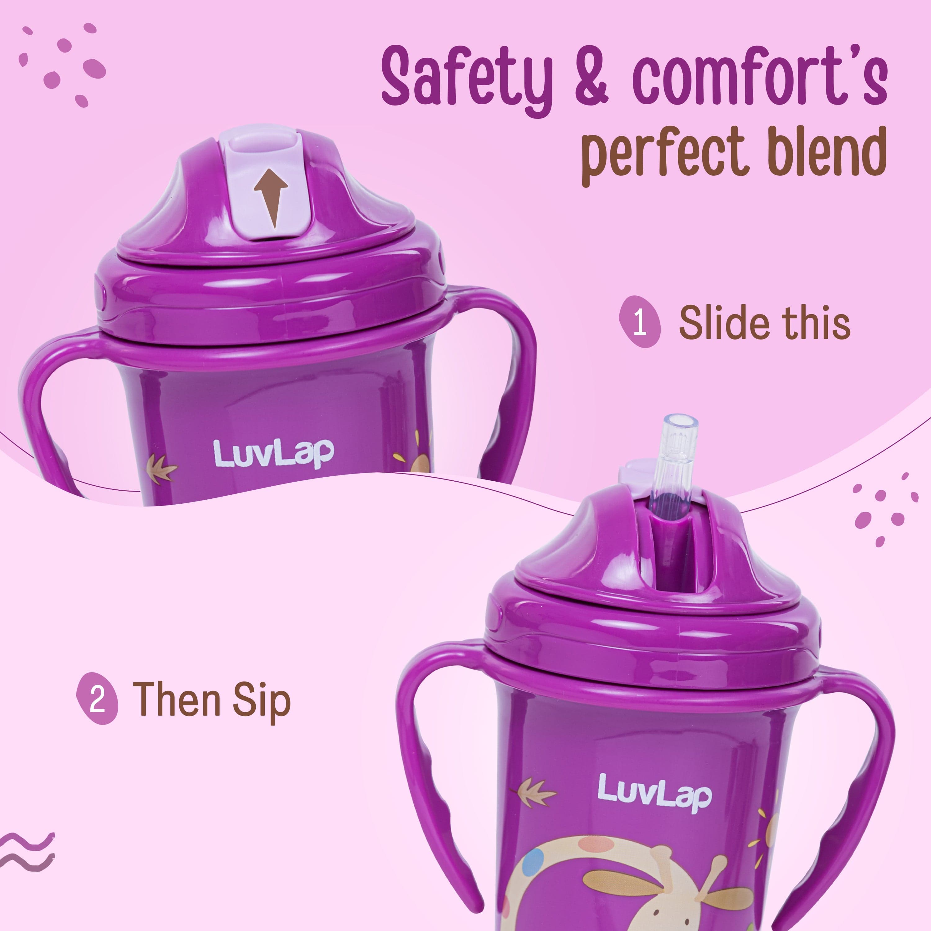 LuvLap Tiny Giffy Straw Sipper, 300Ml, Purple