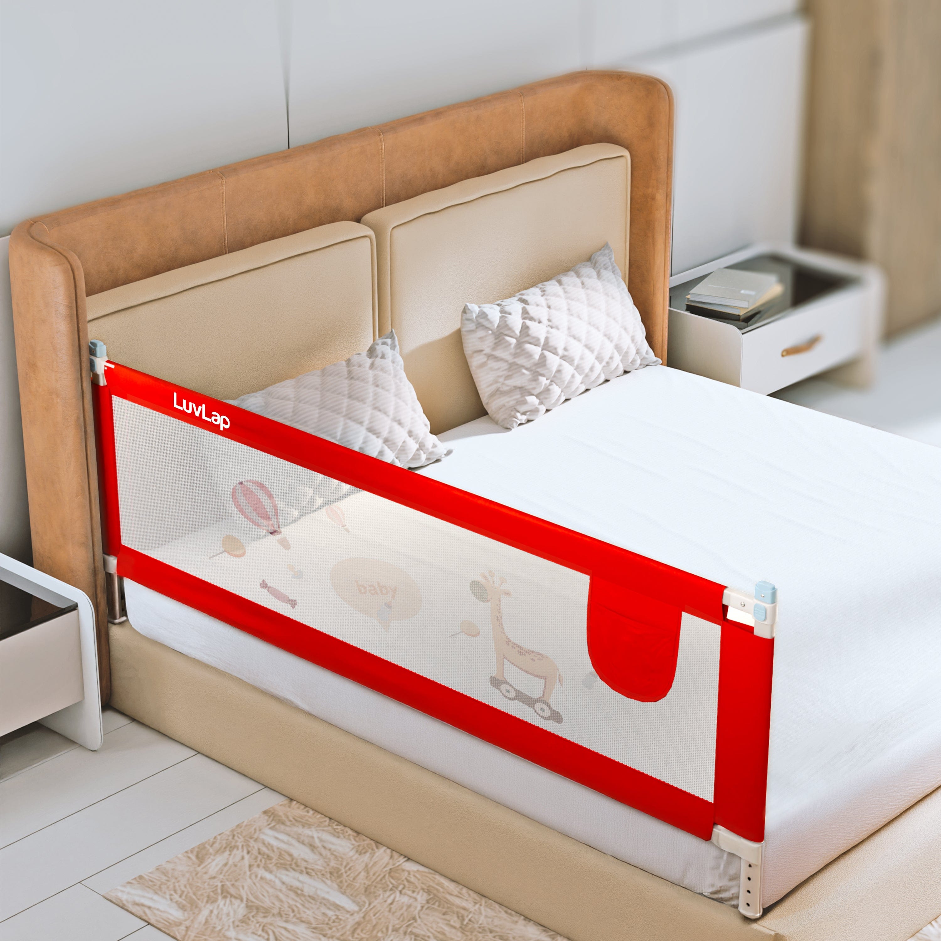 LuvLap Comfy Baby Bed Rail Guard (6 ft x 2.3 ft), 180cmx72cm, Bed Rails for Baby & Toddler Safety, Portable, Adjustable Height, Single Side Bed Rail, Pack of 1, Printed Red