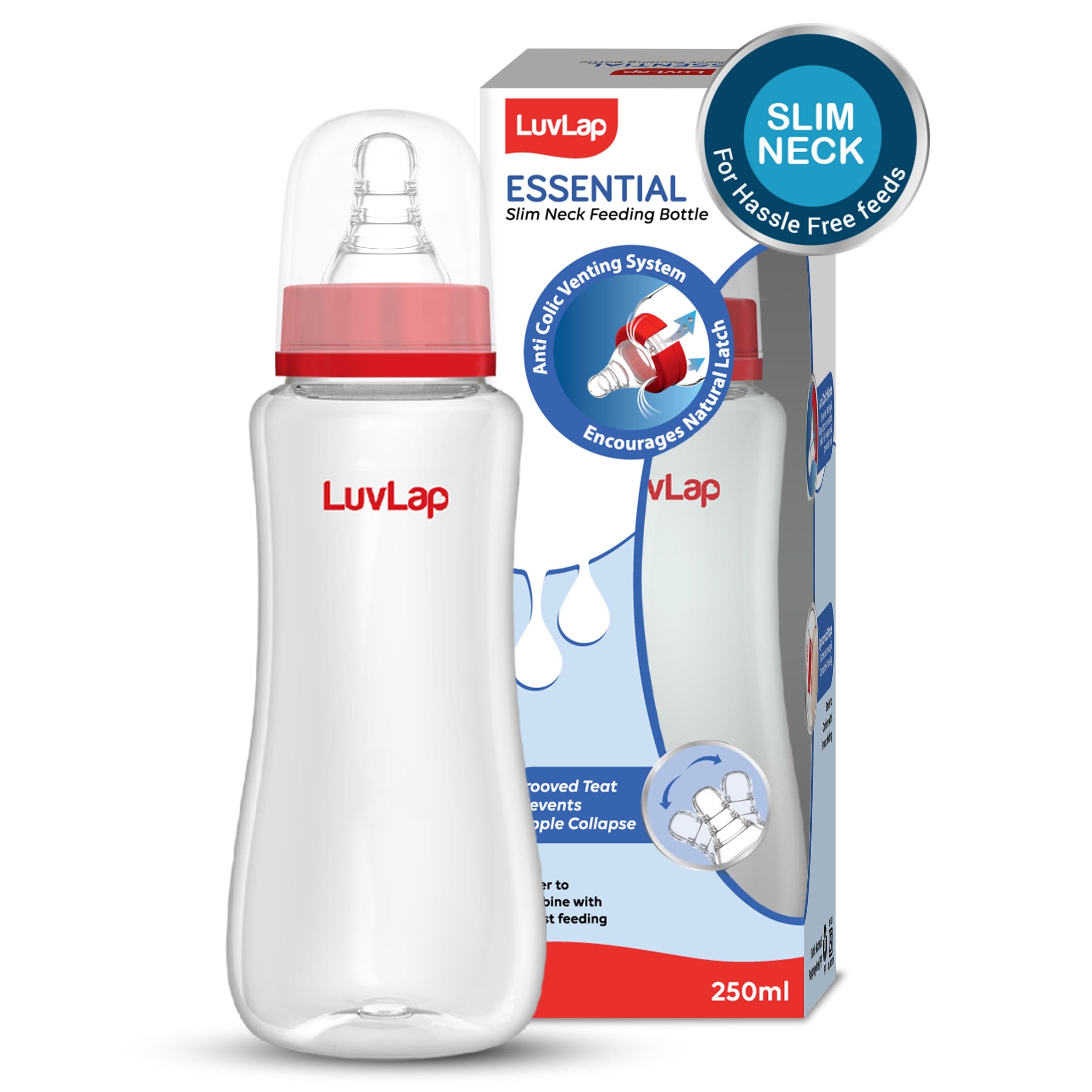 LuvLap Anti-Colic Slim Neck Essential Baby Feeding Bottle, 250ml