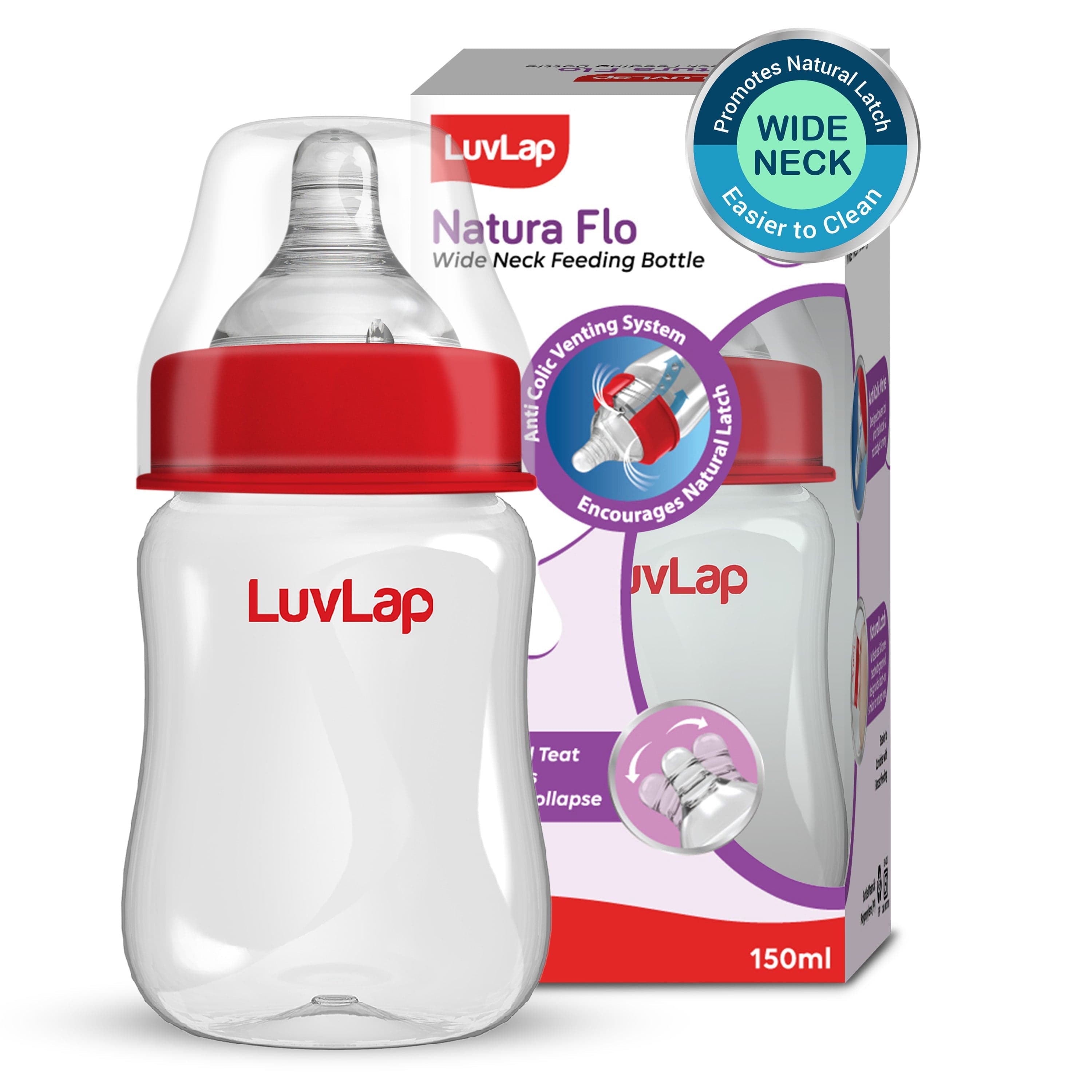 LuvLap Anti-Colic Wide Neck Natura Flo Baby Feeding Bottle, 150ml