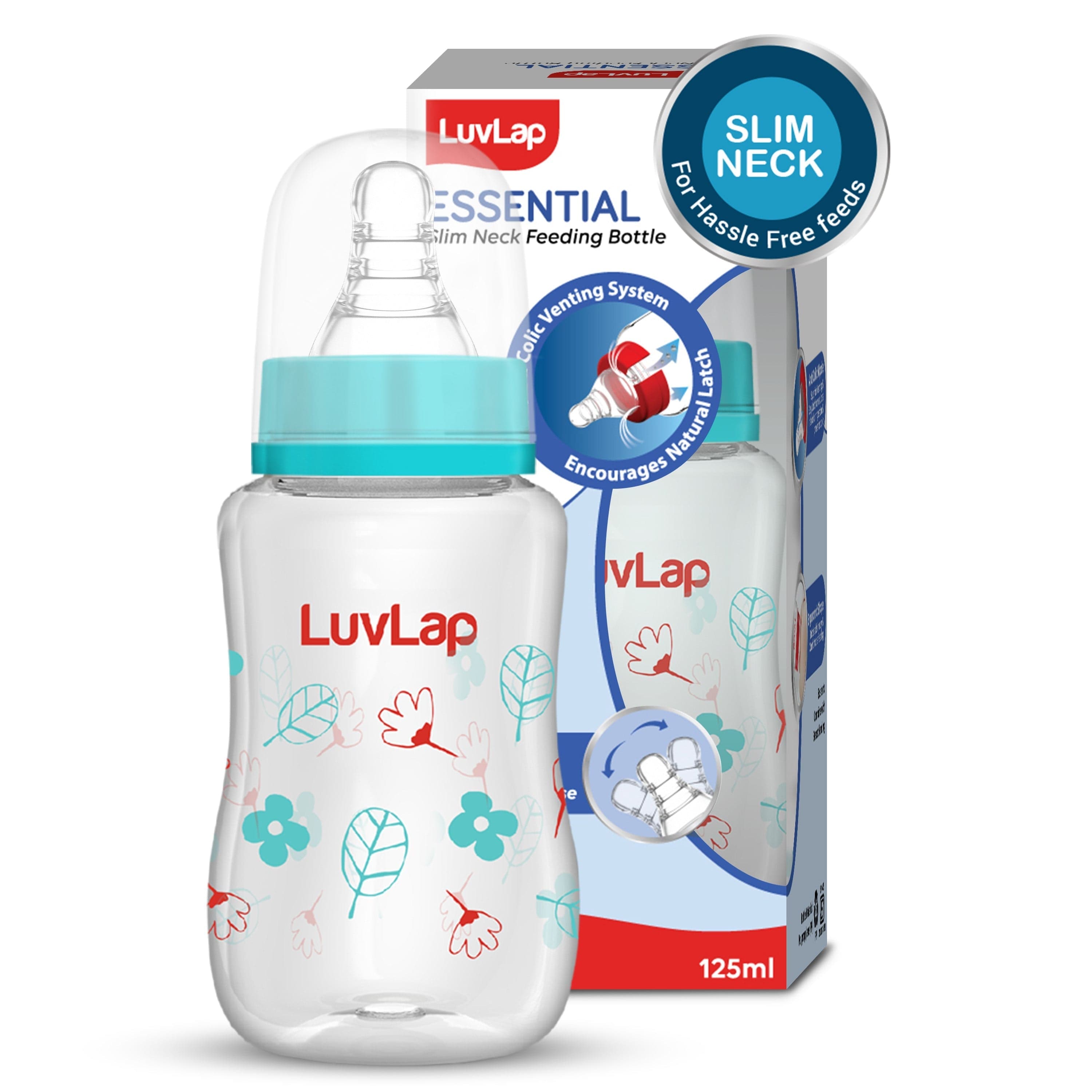 LuvLap Anti-Colic Slim Neck Essential Baby Feeding Bottle, 125ml, Wild Flower