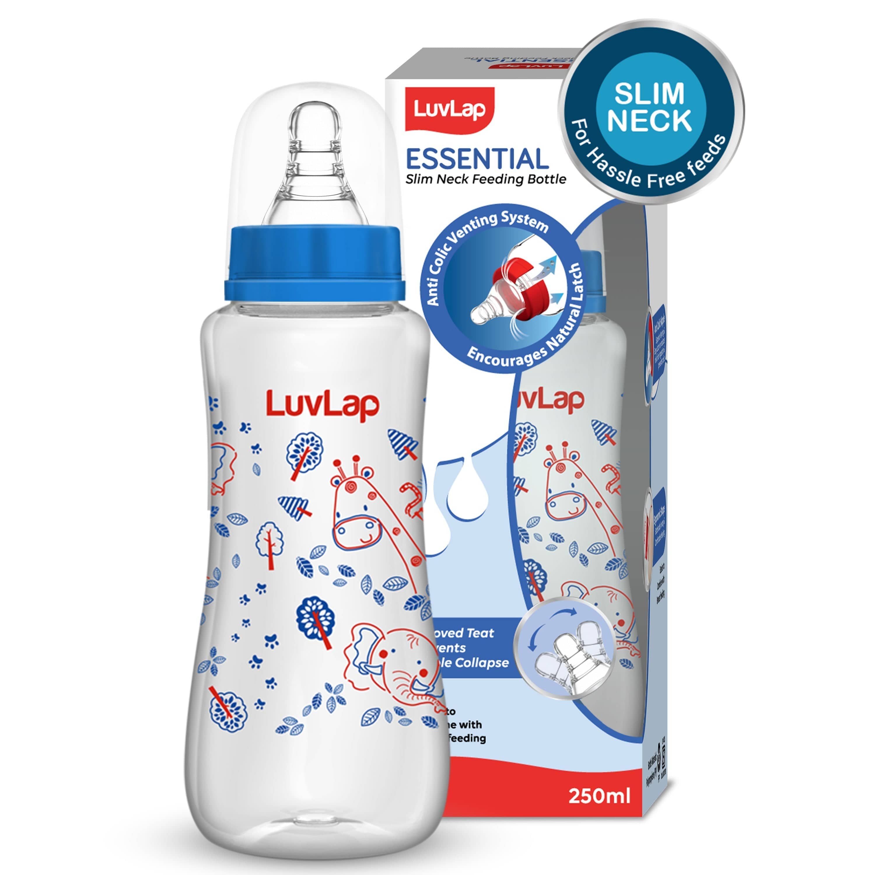LuvLap Anti-Colic Slim Neck Essential Baby Feeding Bottle, 250ml, Jungle Tales (Blue)