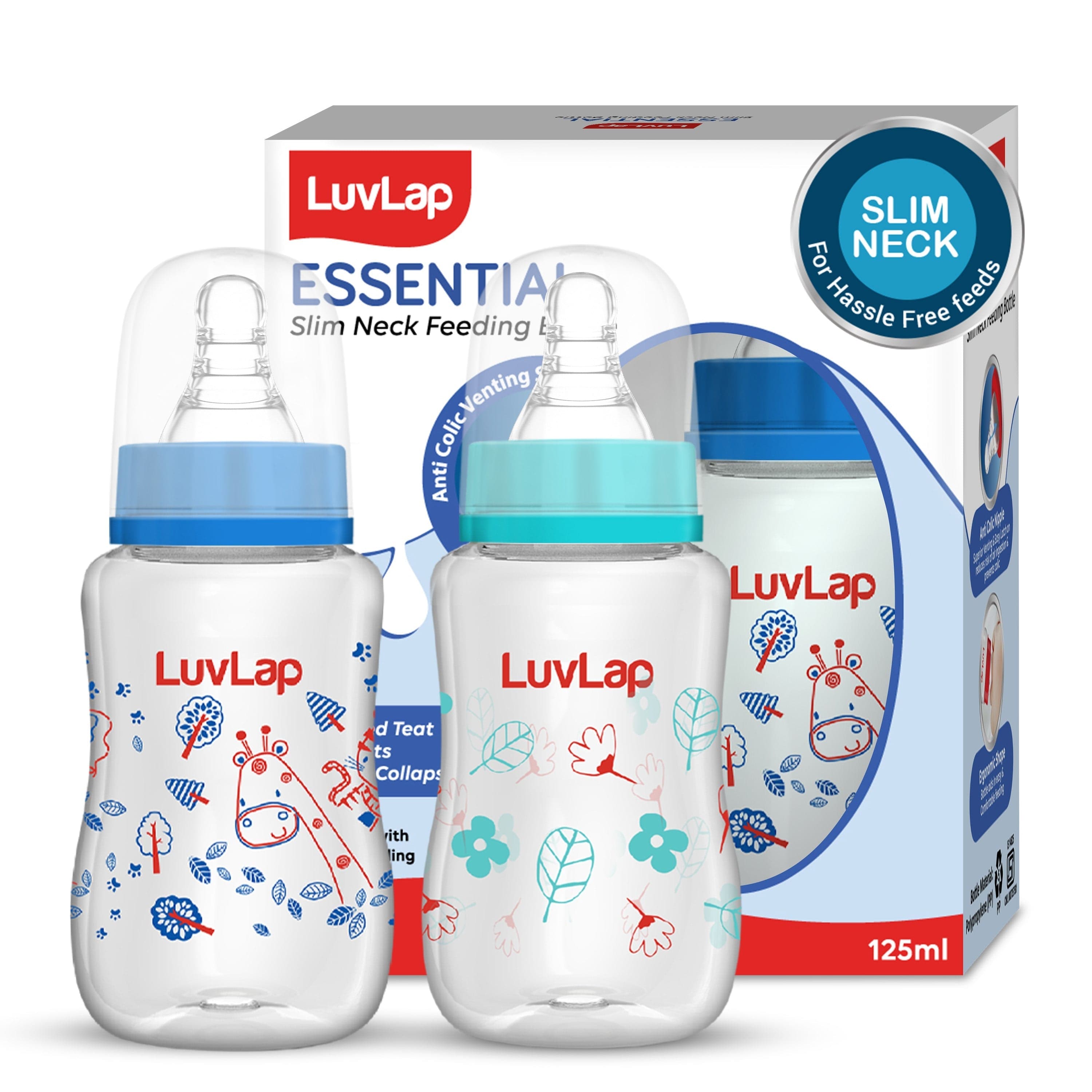 LuvLap Anti-Colic Slim/Regular Neck Essential Baby Feeding Bottle, 125ml (Pack of 2)