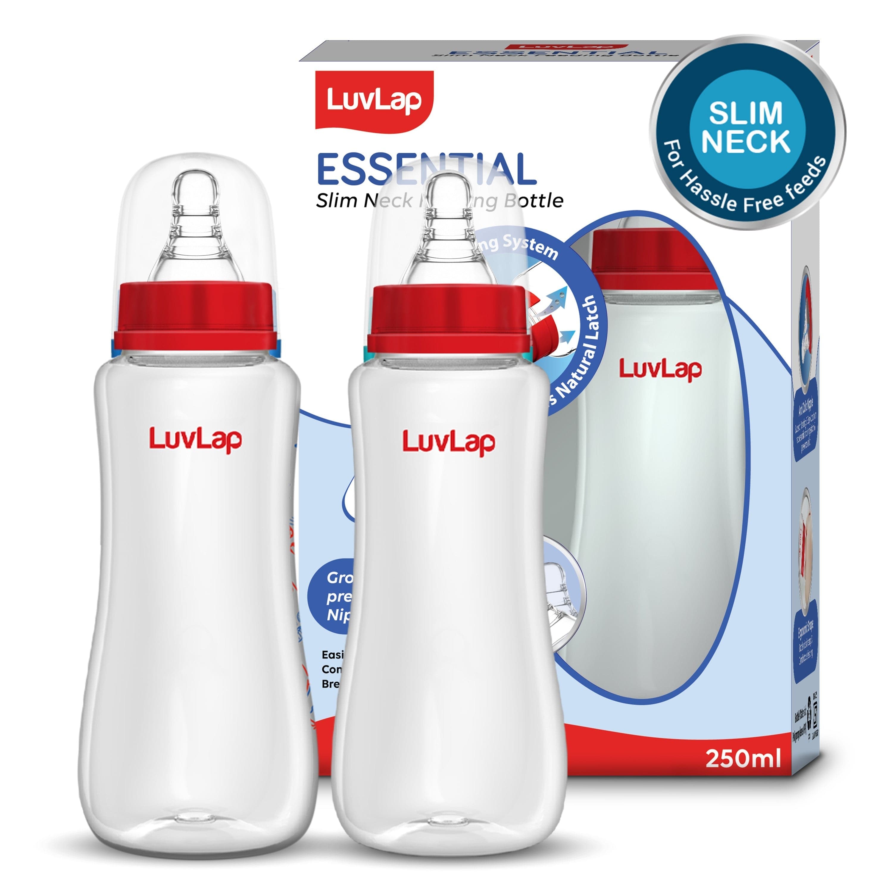 LuvLap Anti-Colic Slim/Regular Neck Essential Baby Feeding Bottle, 250ml (Pack of 2)