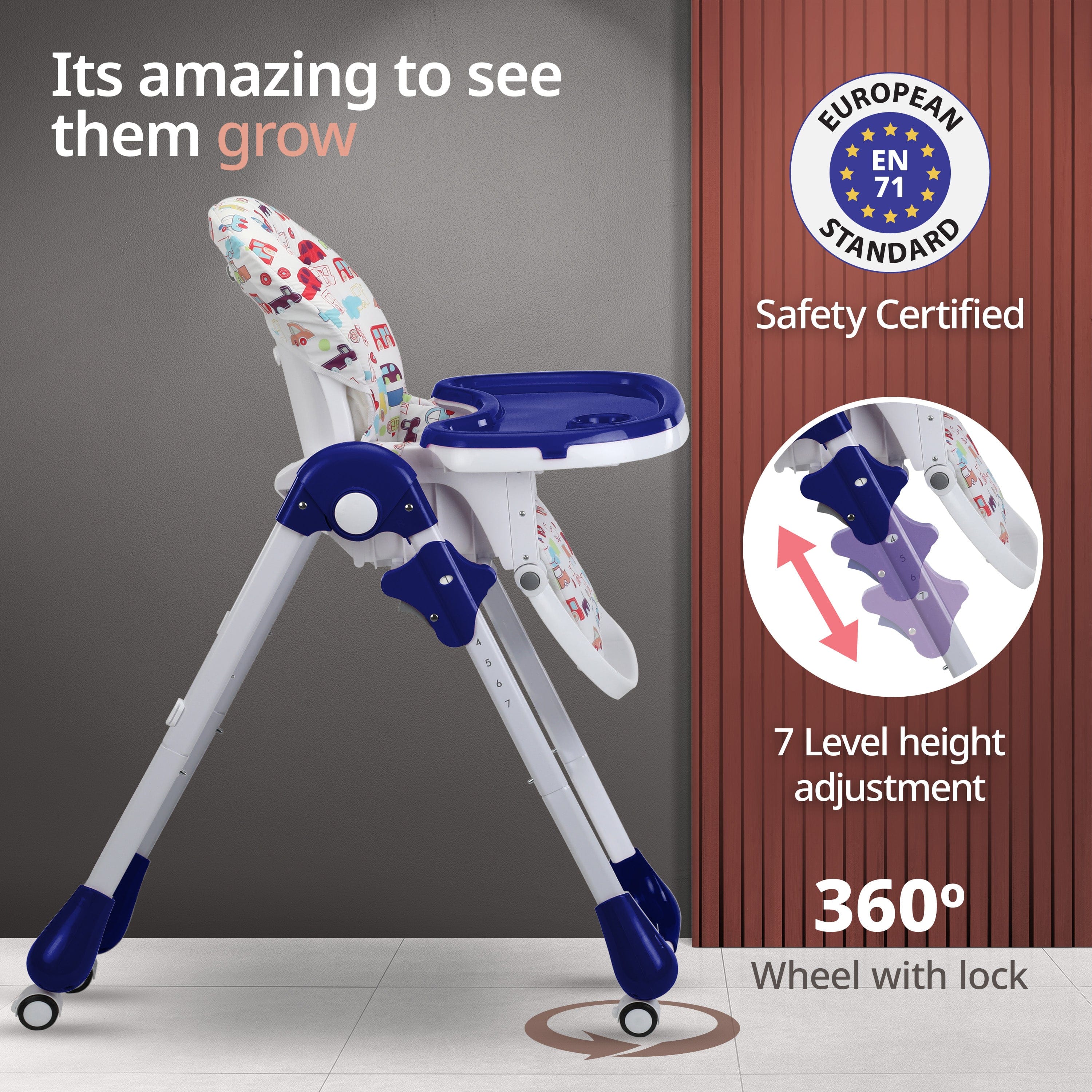 luvlap Royal High Chair for Baby, EN 71 Certified, 3 Position Recline, Baby Feeding Chair with 7 Level Height Adjustment, Adjustable Footrest, 6 Months+ (Blue)