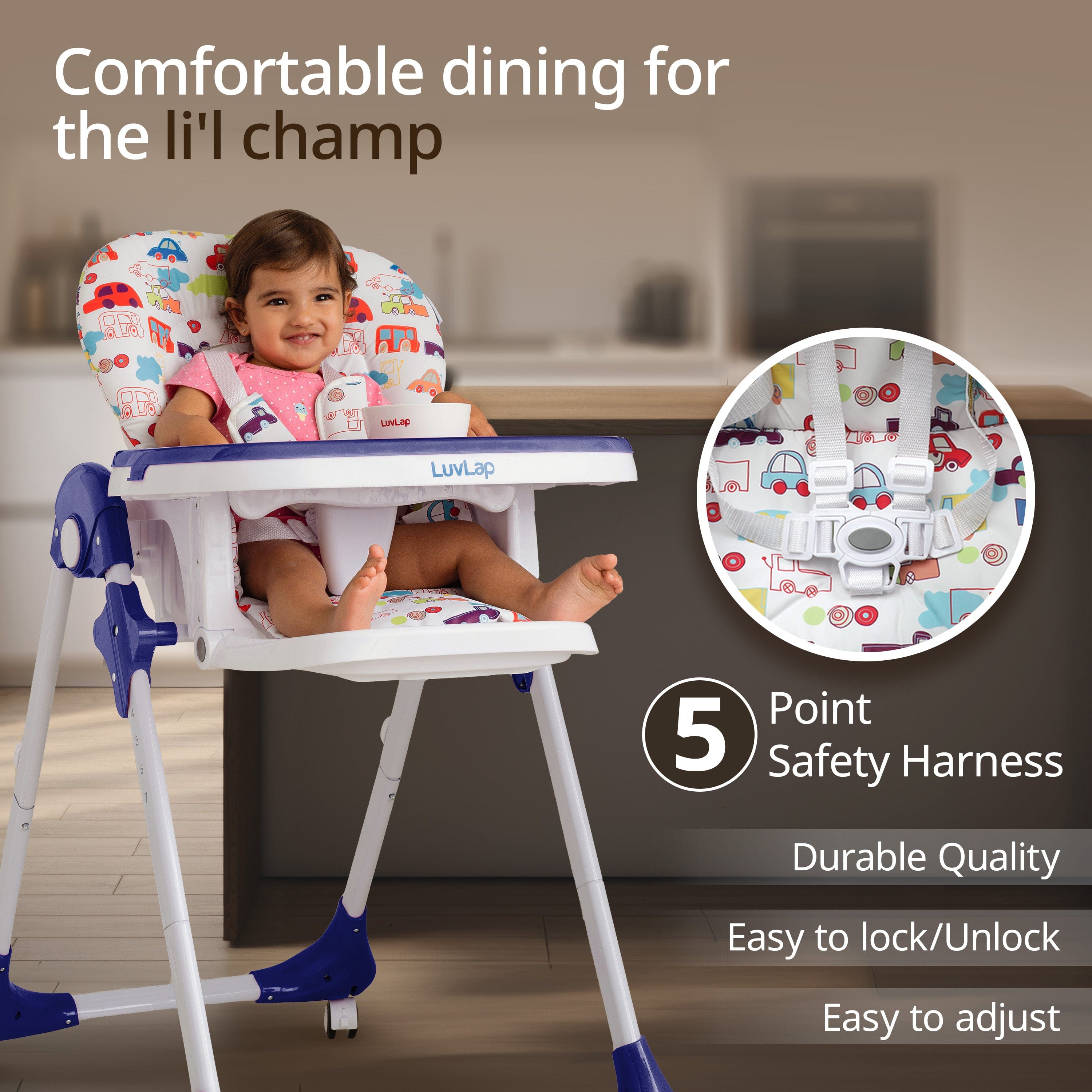 luvlap Royal High Chair for Baby, EN 71 Certified, 3 Position Recline, Baby Feeding Chair with 7 Level Height Adjustment, Adjustable Footrest, 6 Months+ (Blue)