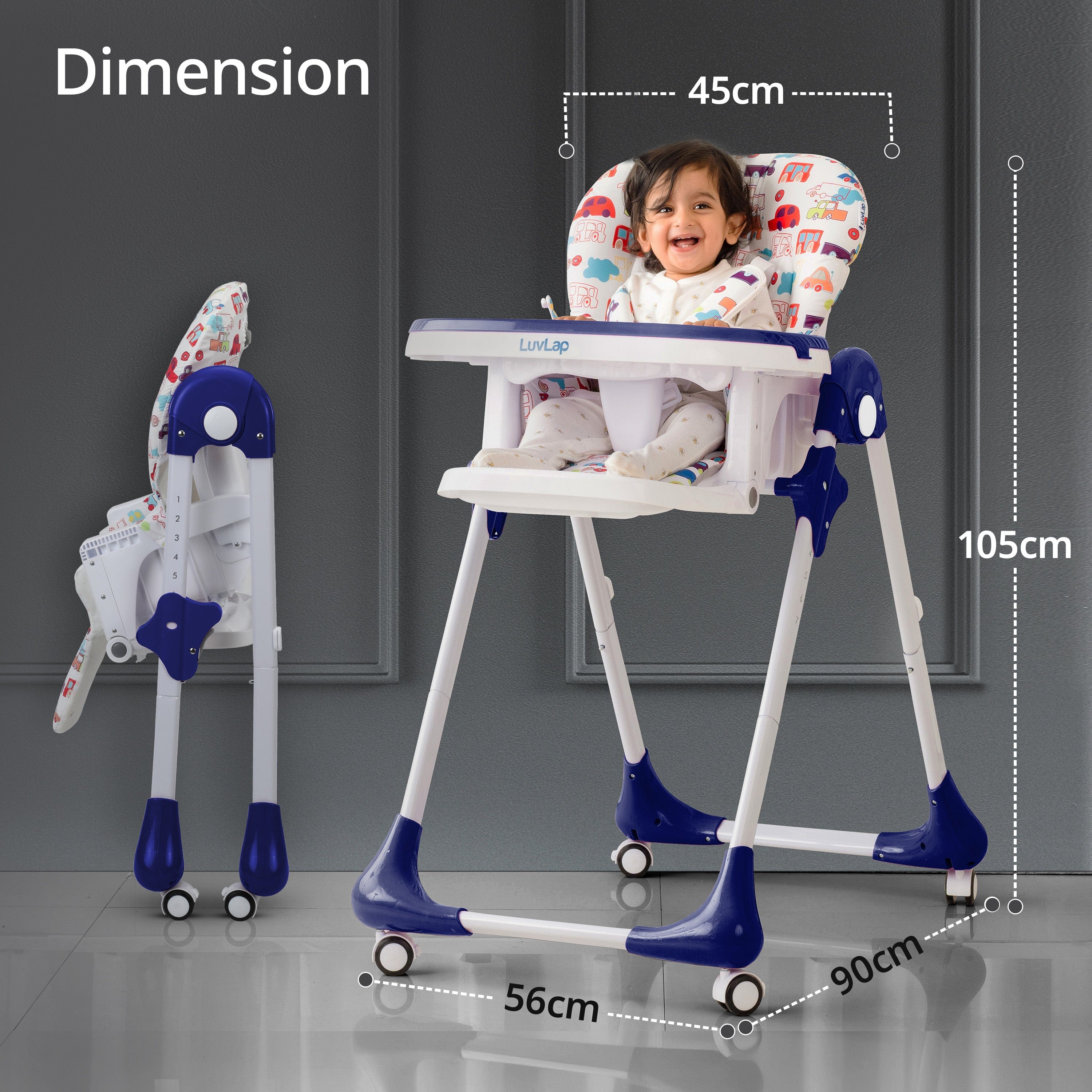 luvlap Royal High Chair for Baby, EN 71 Certified, 3 Position Recline, Baby Feeding Chair with 7 Level Height Adjustment, Adjustable Footrest, 6 Months+ (Blue)