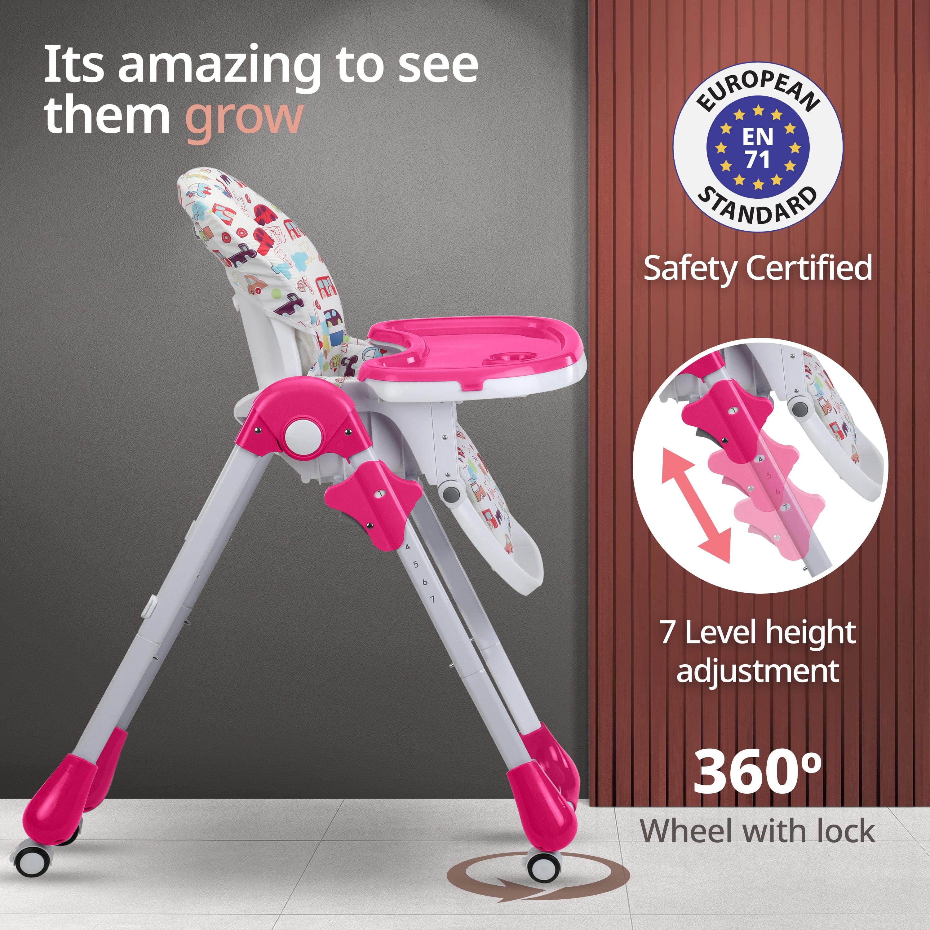 luvlap Royal High Chair for Baby, EN 71 Certified, 3 Position Recline, Baby Feeding Chair with 7 Level Height Adjustment, Adjustable Footrest, 6 Months+ (Pink)