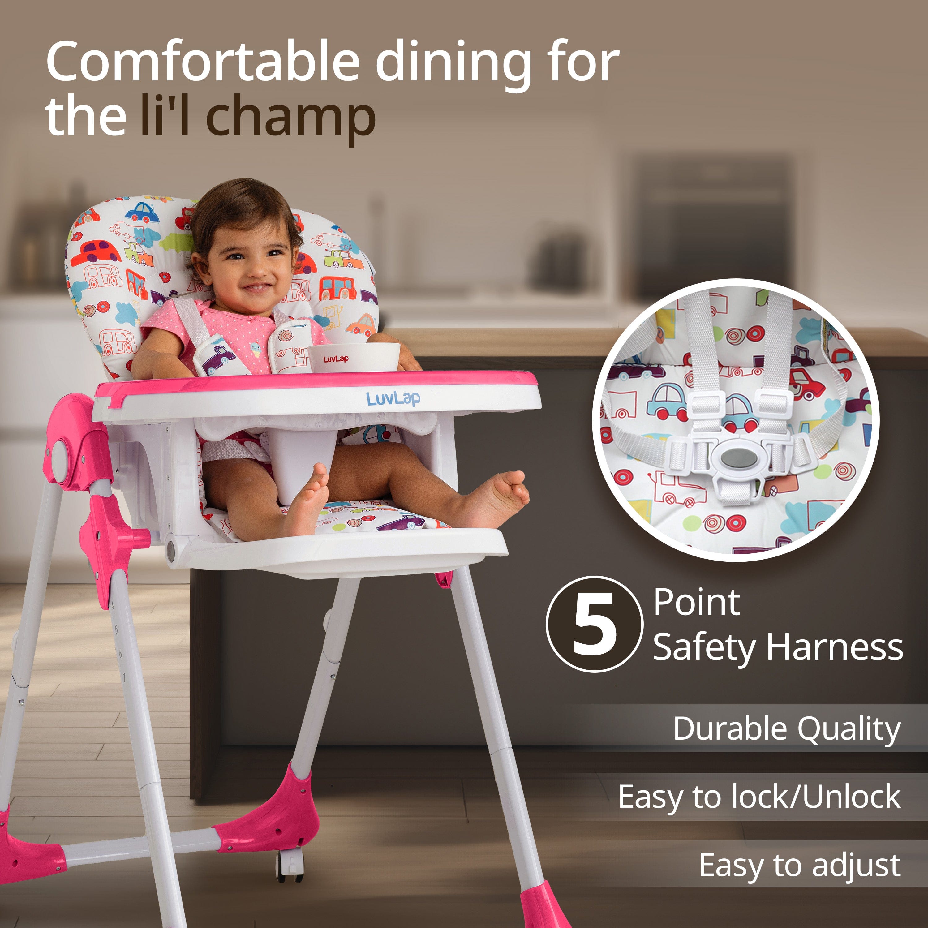 luvlap Royal High Chair for Baby, EN 71 Certified, 3 Position Recline, Baby Feeding Chair with 7 Level Height Adjustment, Adjustable Footrest, 6 Months+ (Pink)