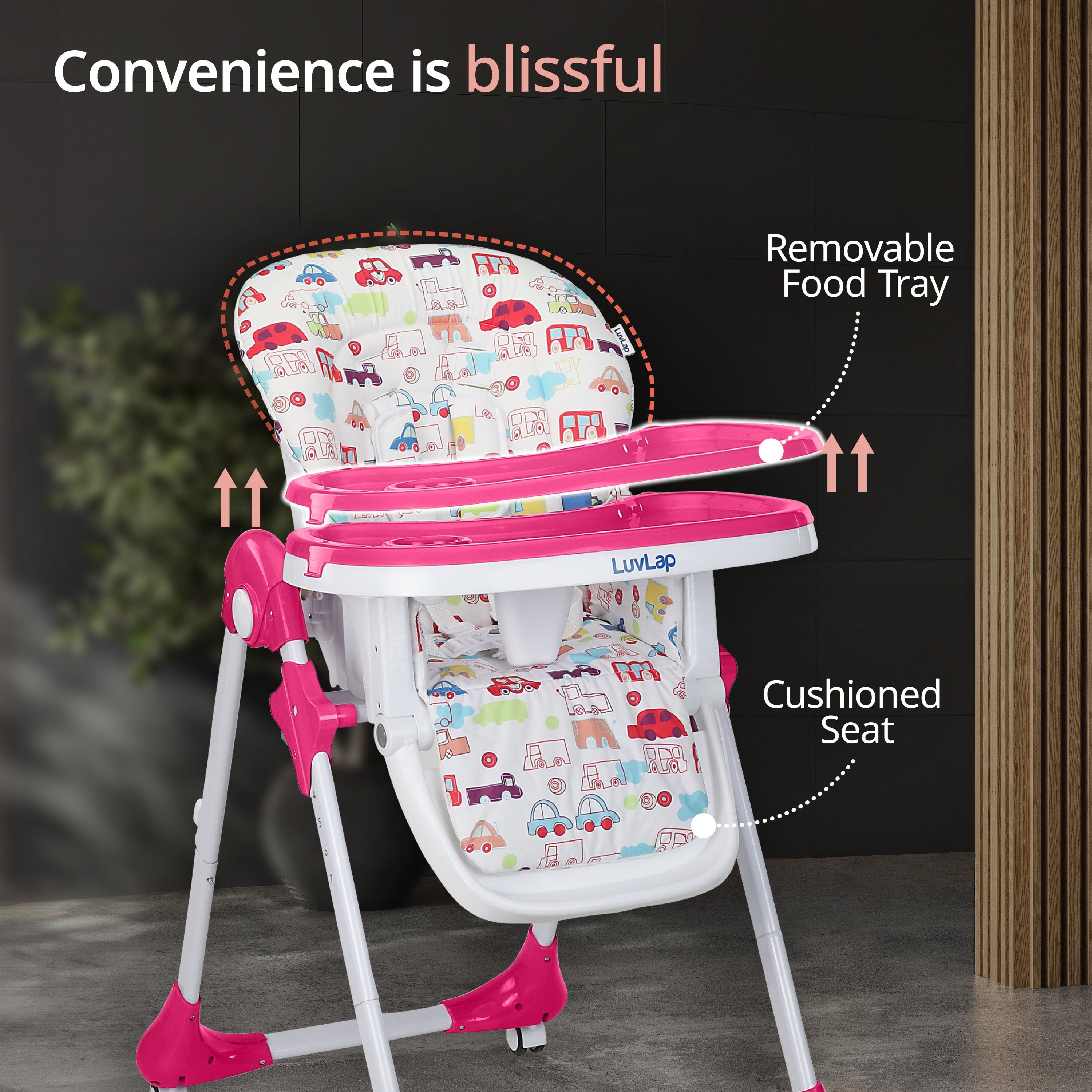 luvlap Royal High Chair for Baby, EN 71 Certified, 3 Position Recline, Baby Feeding Chair with 7 Level Height Adjustment, Adjustable Footrest, 6 Months+ (Pink)