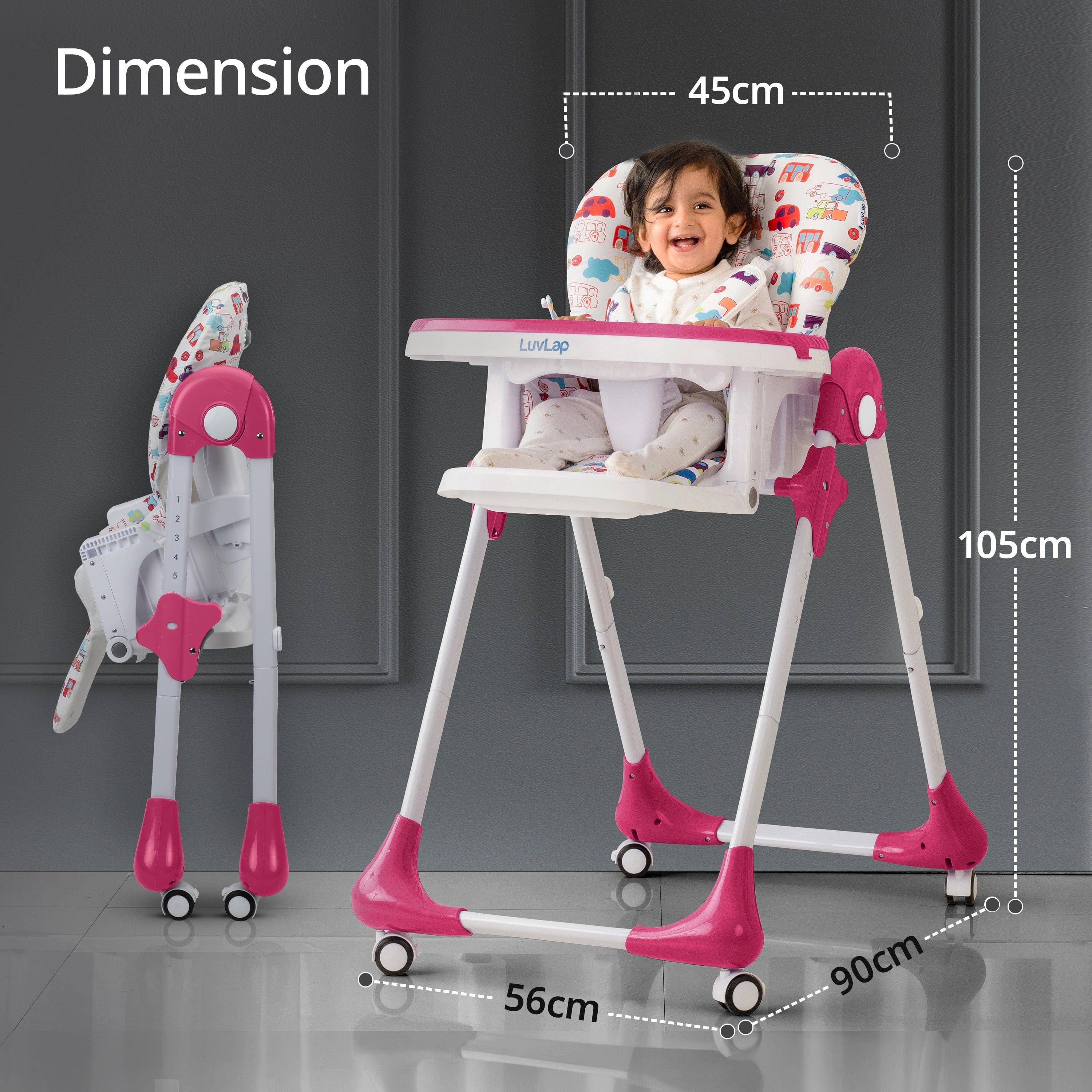 luvlap Royal High Chair for Baby, EN 71 Certified, 3 Position Recline, Baby Feeding Chair with 7 Level Height Adjustment, Adjustable Footrest, 6 Months+ (Pink)