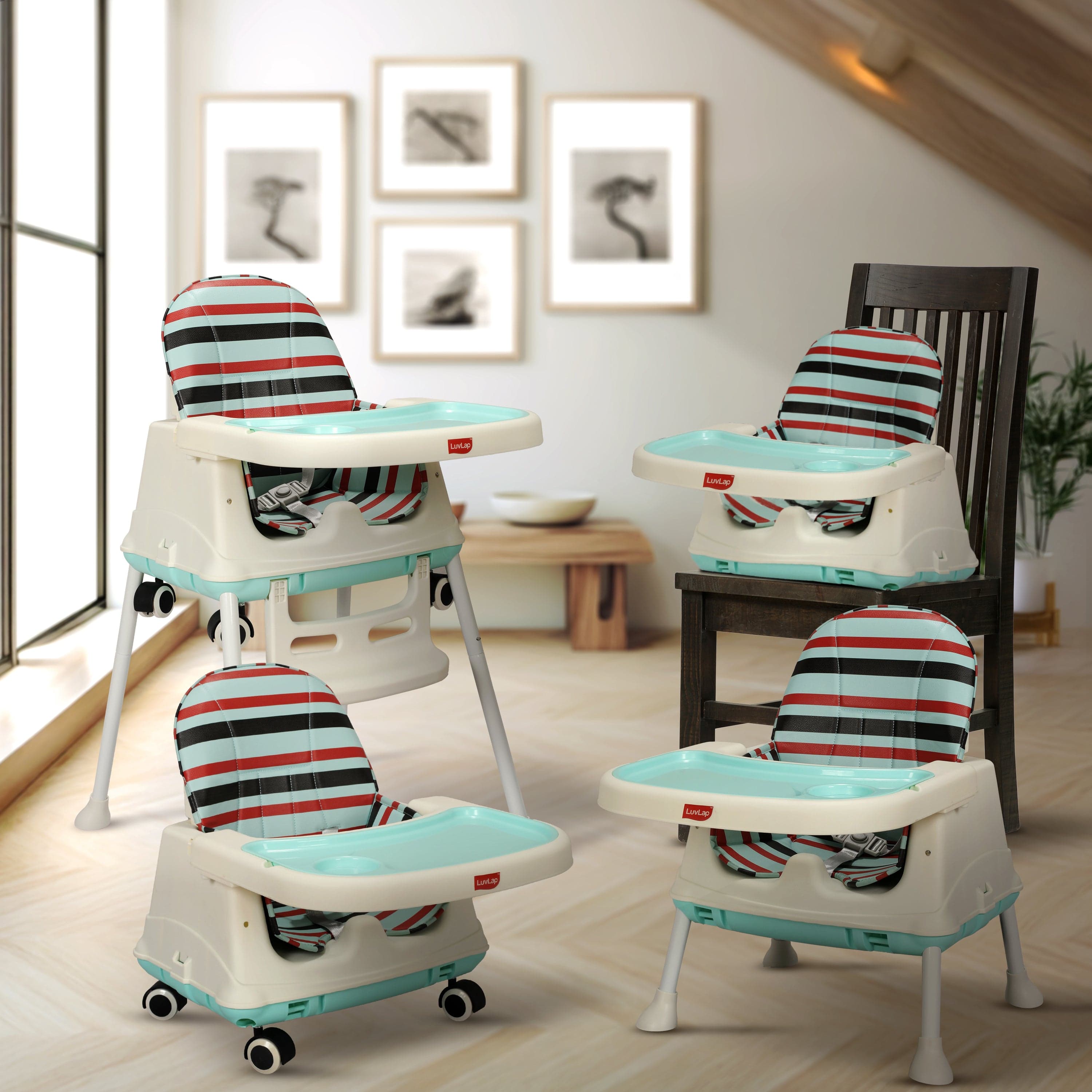 luvlap 4In1 High Chair For Baby/Kids, Toddler Feeding Booster Seat With Wheels, 3 Height Adjustments, With Cushion, 6 Month To 3 Years, Portable (Blue)