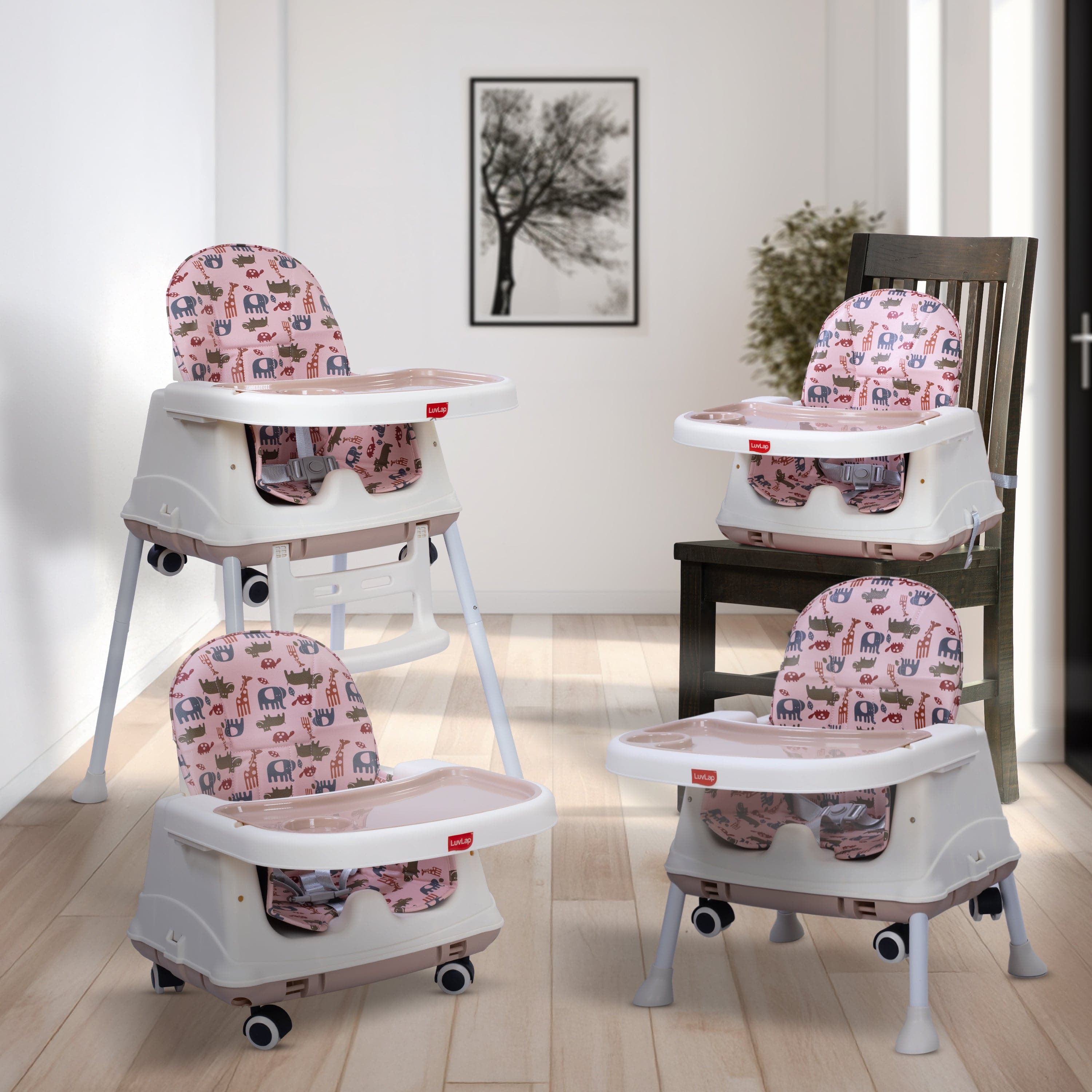 LuvLap High Chair for Baby/Kids, Toddler Feeding Booster Seat with Wheels, 3 Height adjustments, With Cushion, 6 month to 3 years, Portable (Pink)