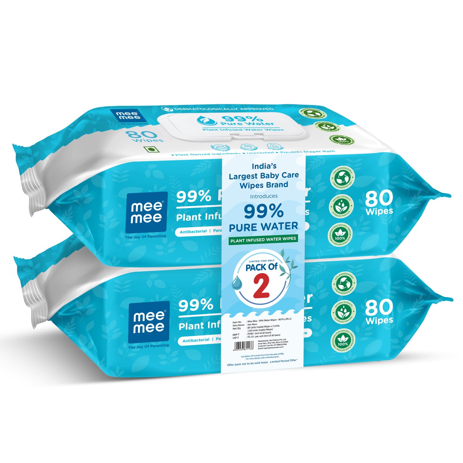 Mee Mee Pure Water Wet Wipes 80 pcs × 2 (160 Pcs) | Unscented | Plant-Derived | Super Thick | With Lid