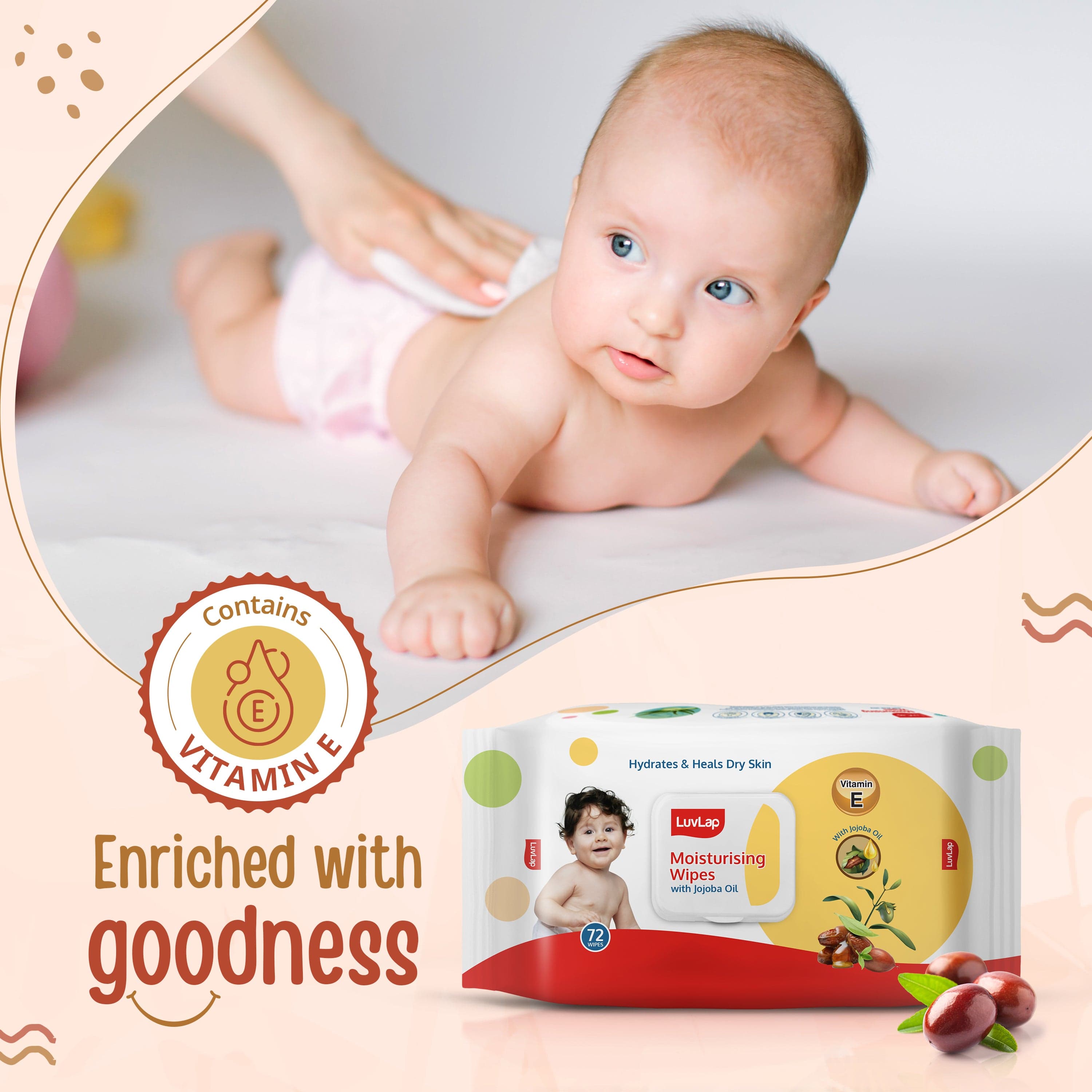 LuvLap Paraben Free Moisturizing Baby Wipes with Jojoba Oil (72 Wipes/Pack, Pack of 3, Buy 2 Get 1 Free)