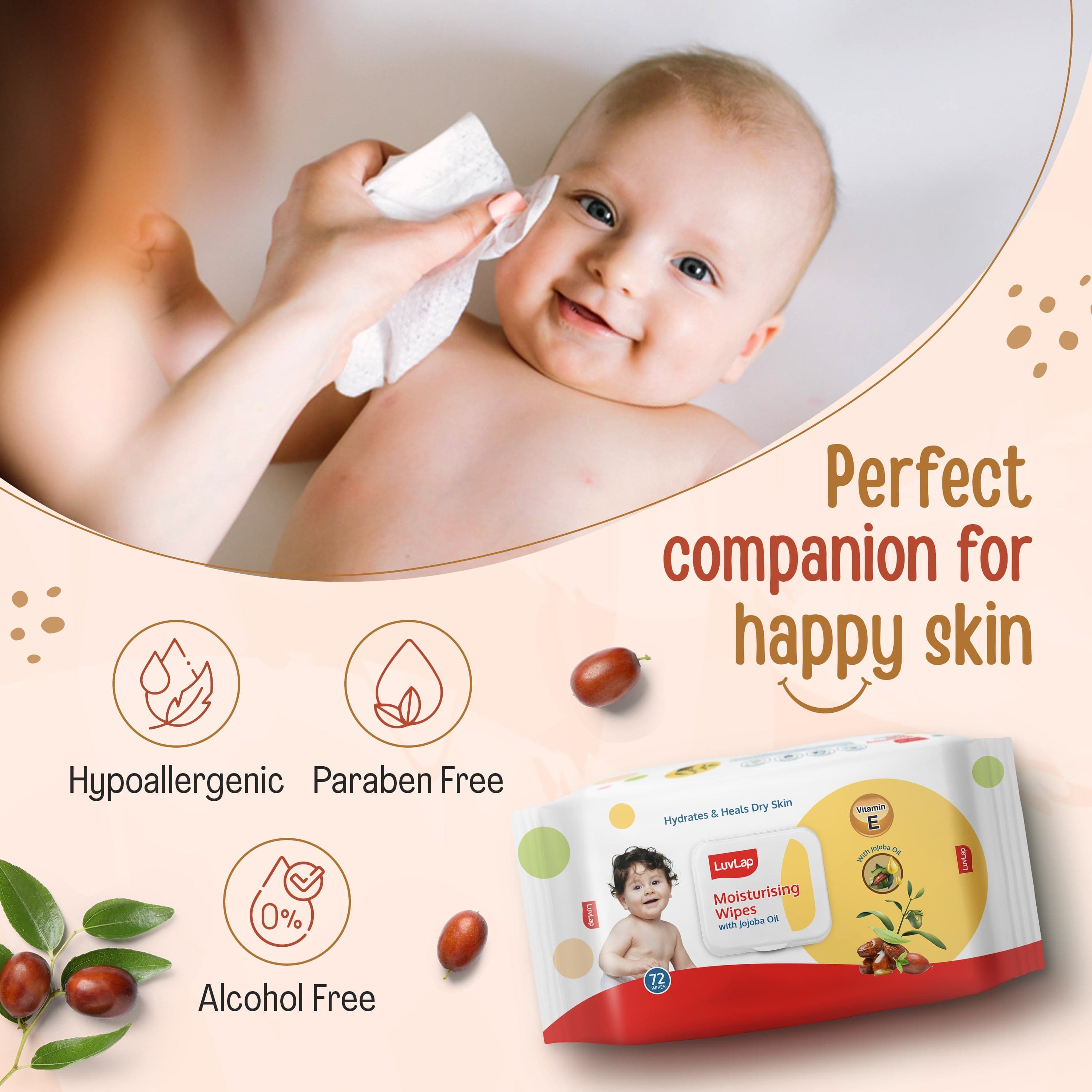 LuvLap Paraben Free Moisturizing Baby Wipes with Jojoba Oil (72 Wipes/Pack, Pack of 3, Buy 2 Get 1 Free)