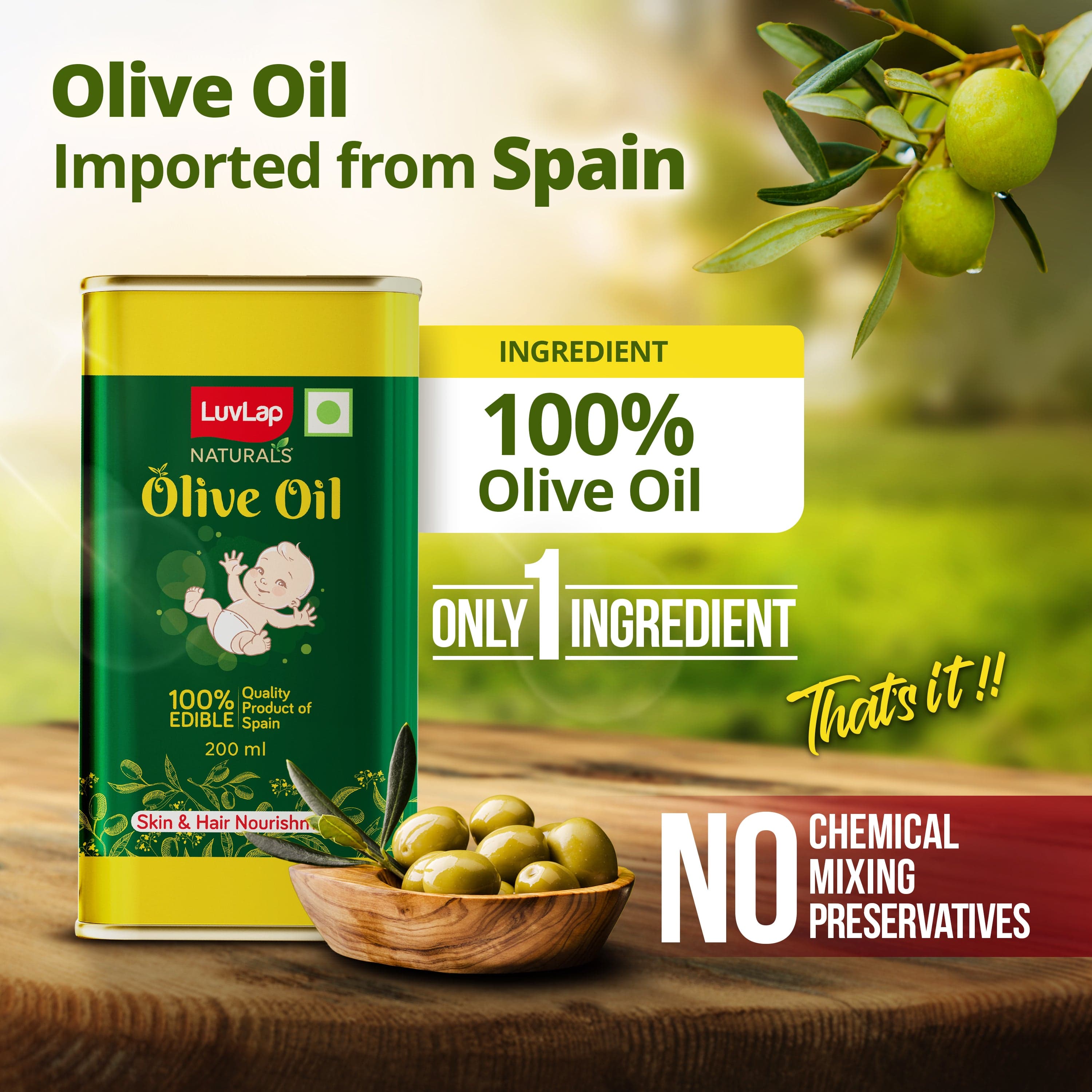 LuvLap Naturals Baby Body Massage Olive Oil, 200 ML, Spanish Premium Olive Oil, Enhances Bone & Muscle Strength