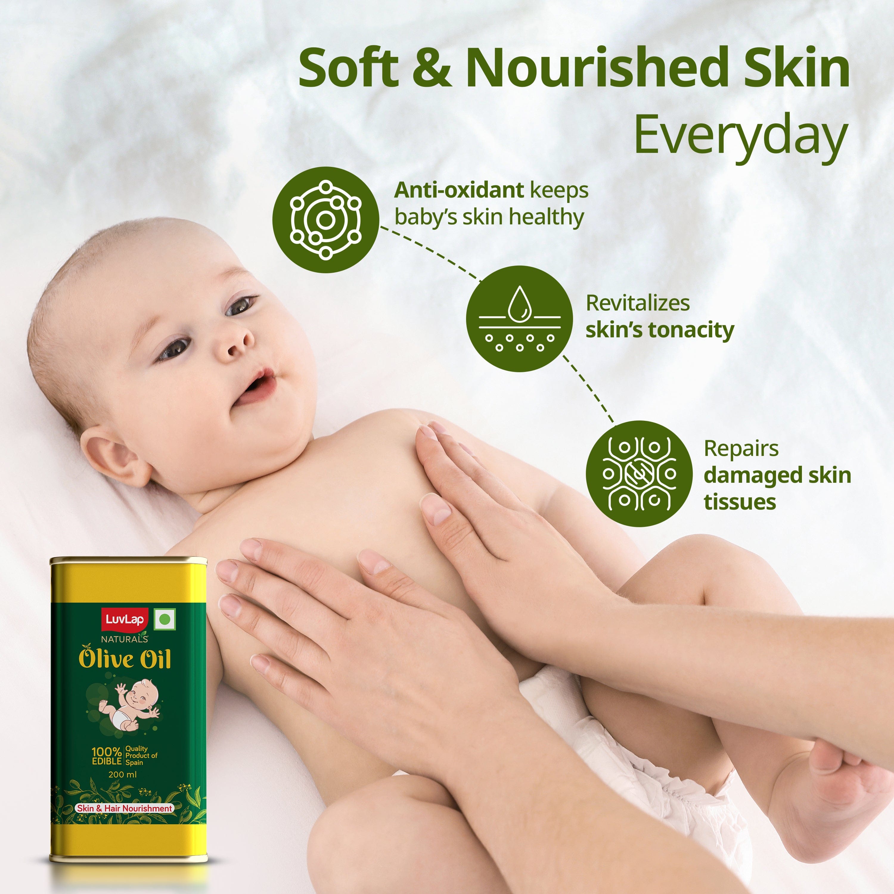 LuvLap Naturals Baby Body Massage Olive Oil, 200 ML, Spanish Premium Olive Oil, Enhances Bone & Muscle Strength