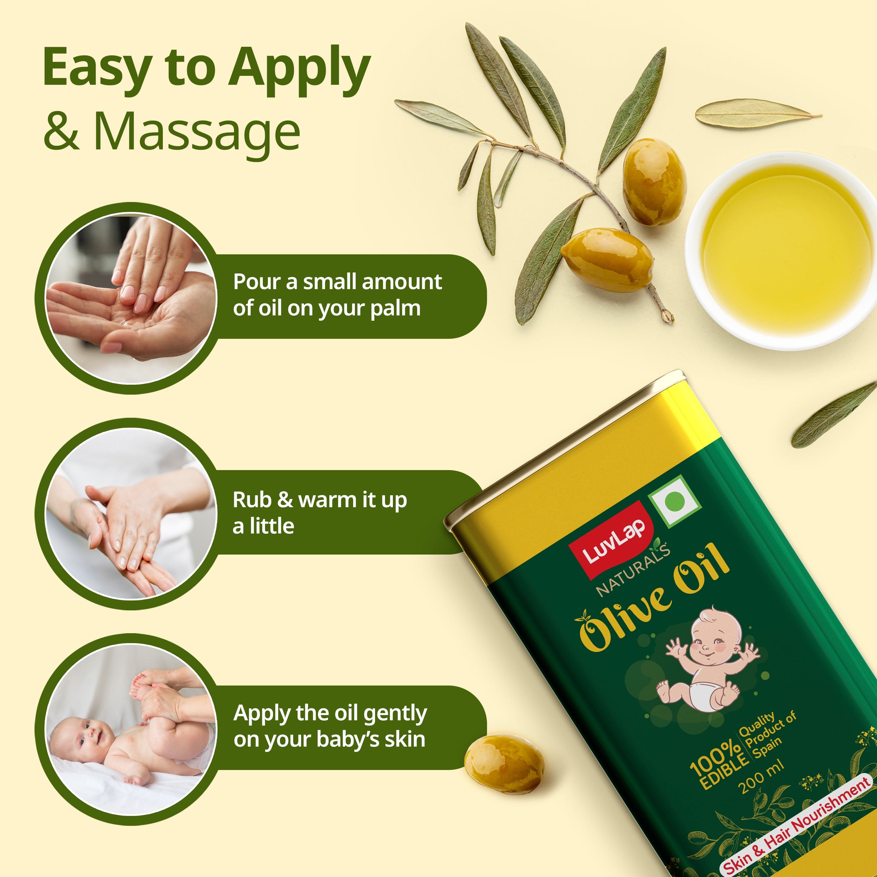LuvLap Naturals Baby Body Massage Olive Oil, 200 ML, Spanish Premium Olive Oil, Enhances Bone & Muscle Strength