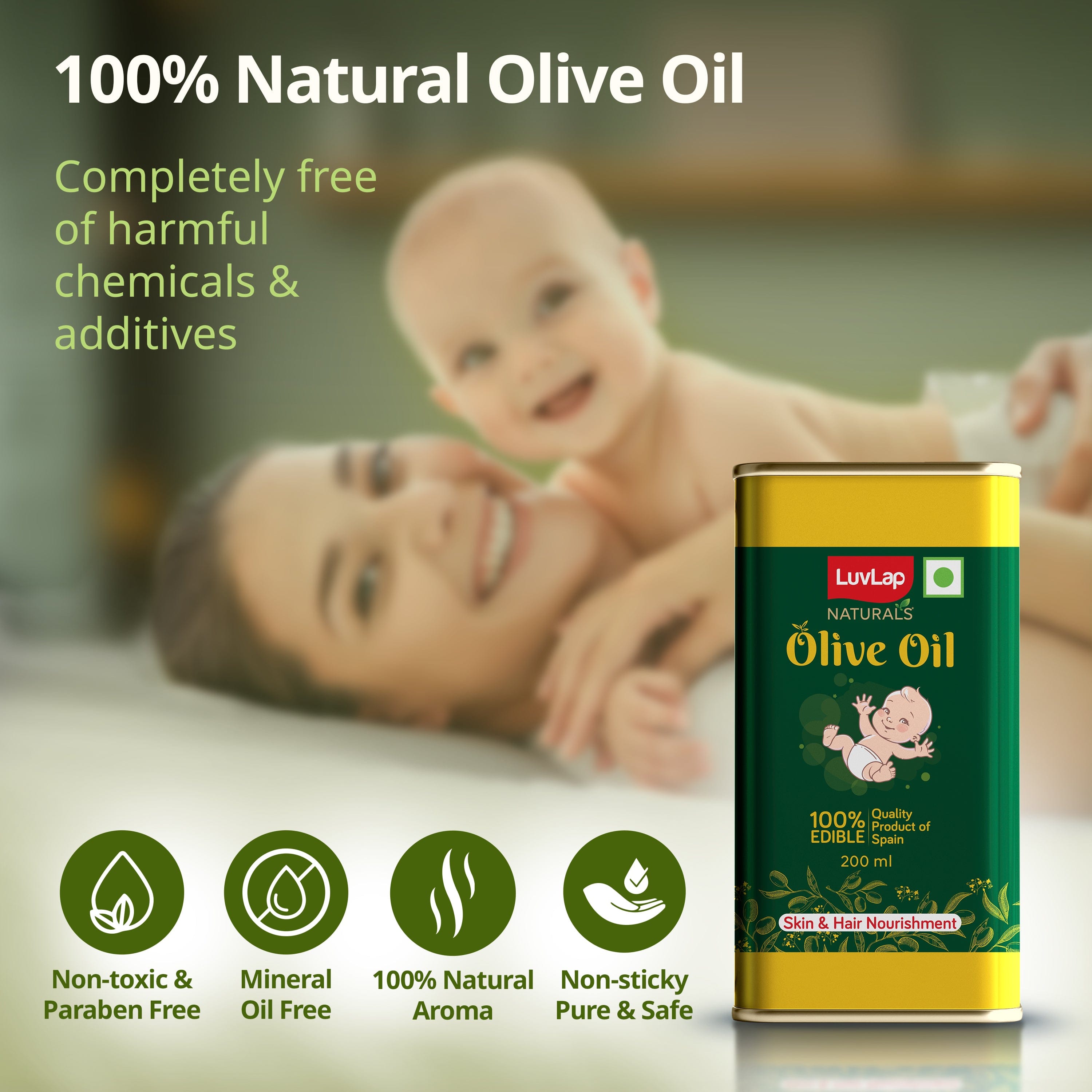 LuvLap Naturals Baby Body Massage Olive Oil, 200 ML, Spanish Premium Olive Oil, Enhances Bone & Muscle Strength
