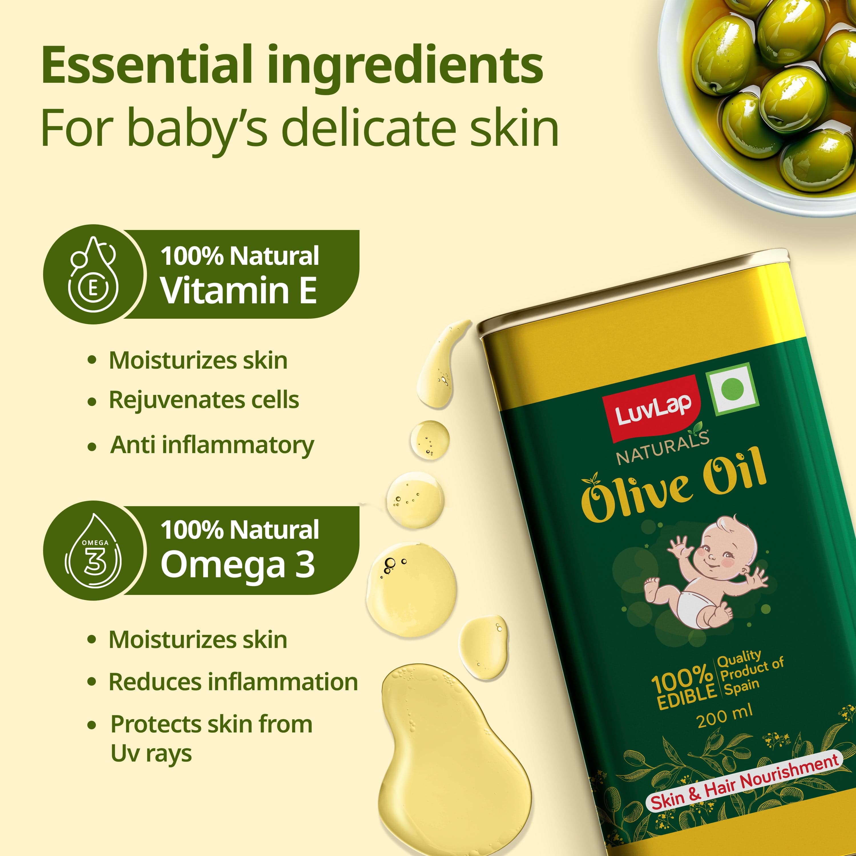 LuvLap Naturals Baby Body Massage Olive Oil, 200 ML, Spanish Premium Olive Oil, Enhances Bone & Muscle Strength