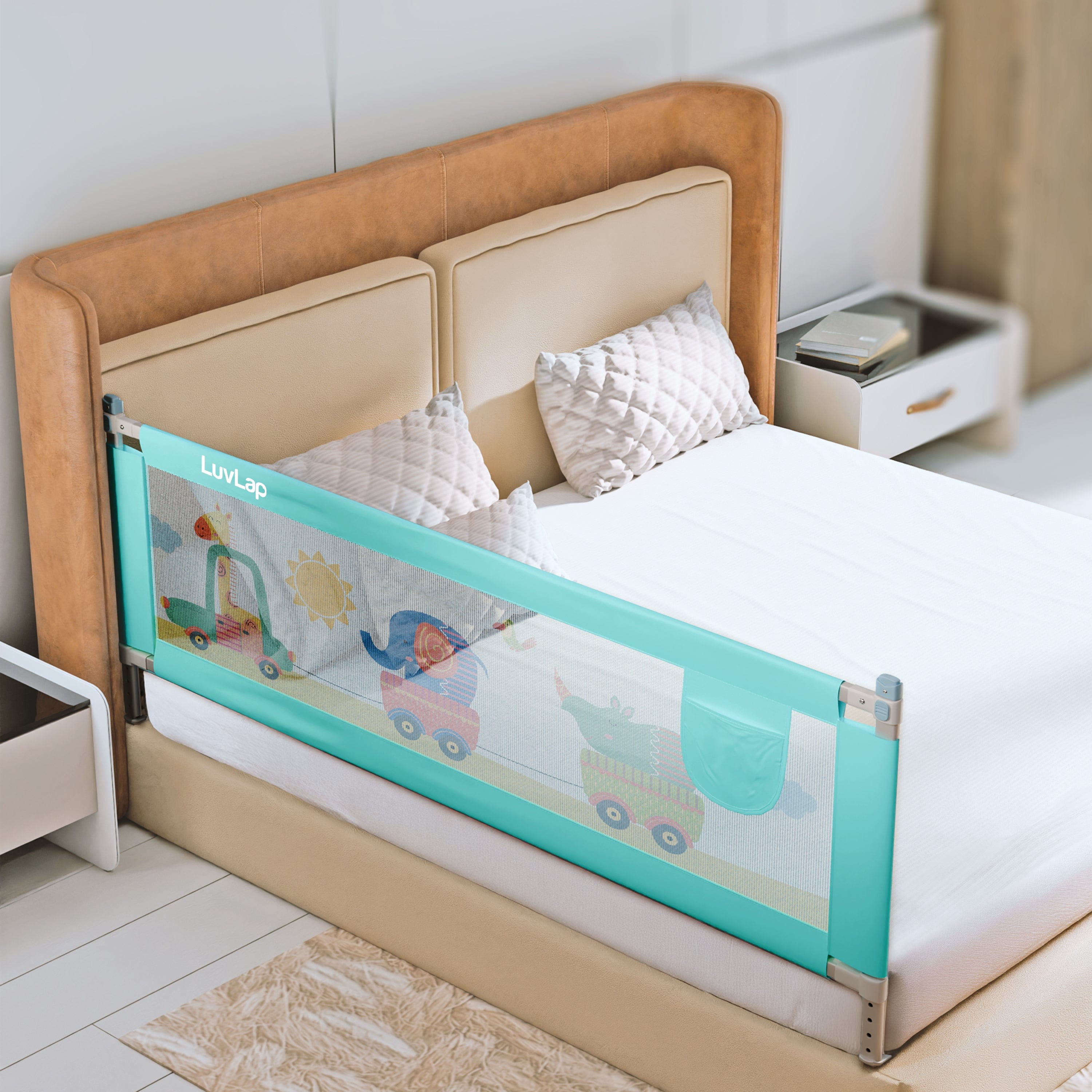 LuvLap Comfy Baby Bed Rail Guard (6 ft x 2.3 ft), 180cmx72cm, Bed Rails for Baby & Toddler Safety, Portable, Adjustable Height, Single Side Bed Rail, Pack of 1, Printed Green