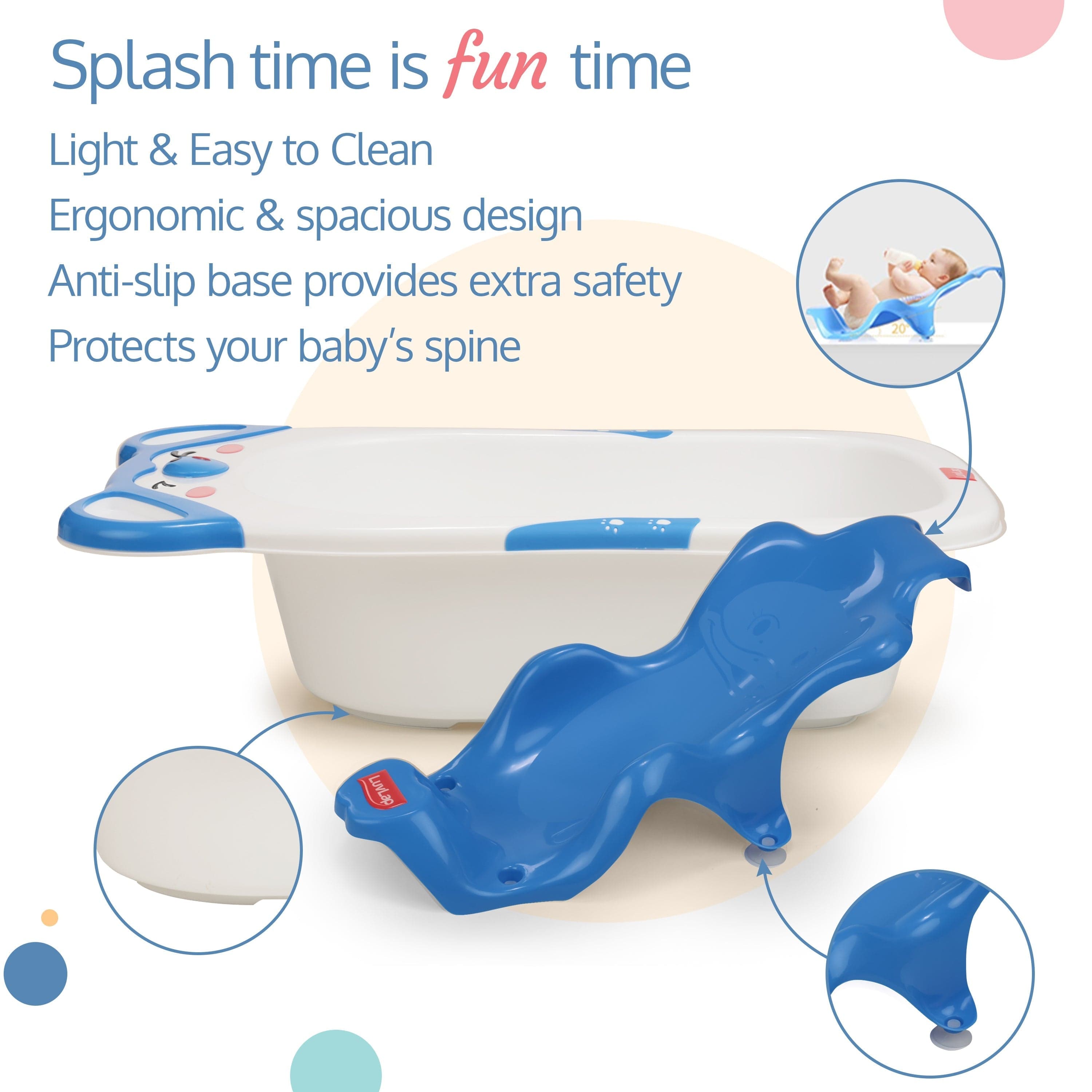 LuvLap Bubble Baby Bathtub (White & Blue) & Anti Slip Baby Plastic Bath Chair (Blue)