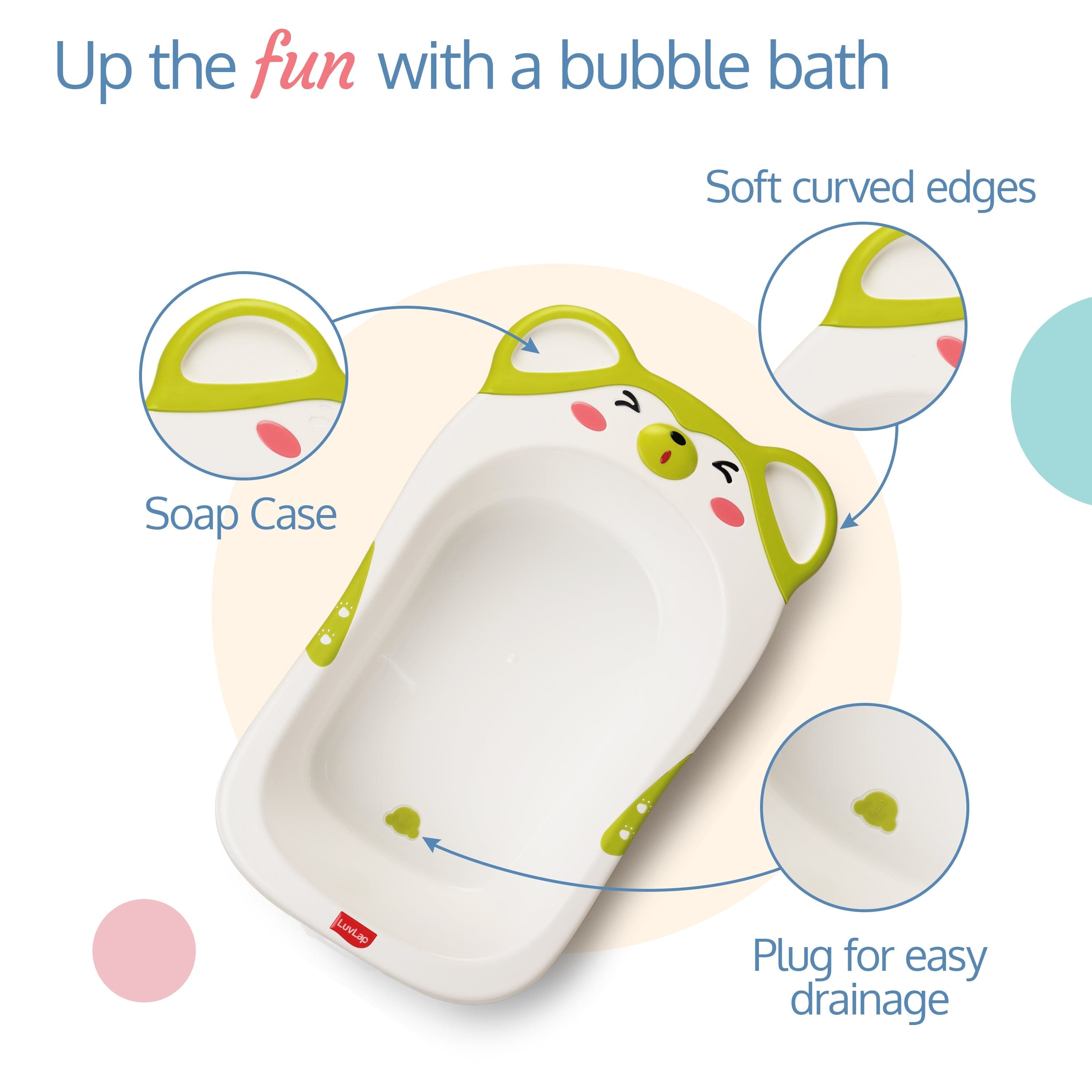 LuvLap Bubble Baby Bathtub (White & Green) & Anti Slip Baby Plastic Bath Chair (Green)