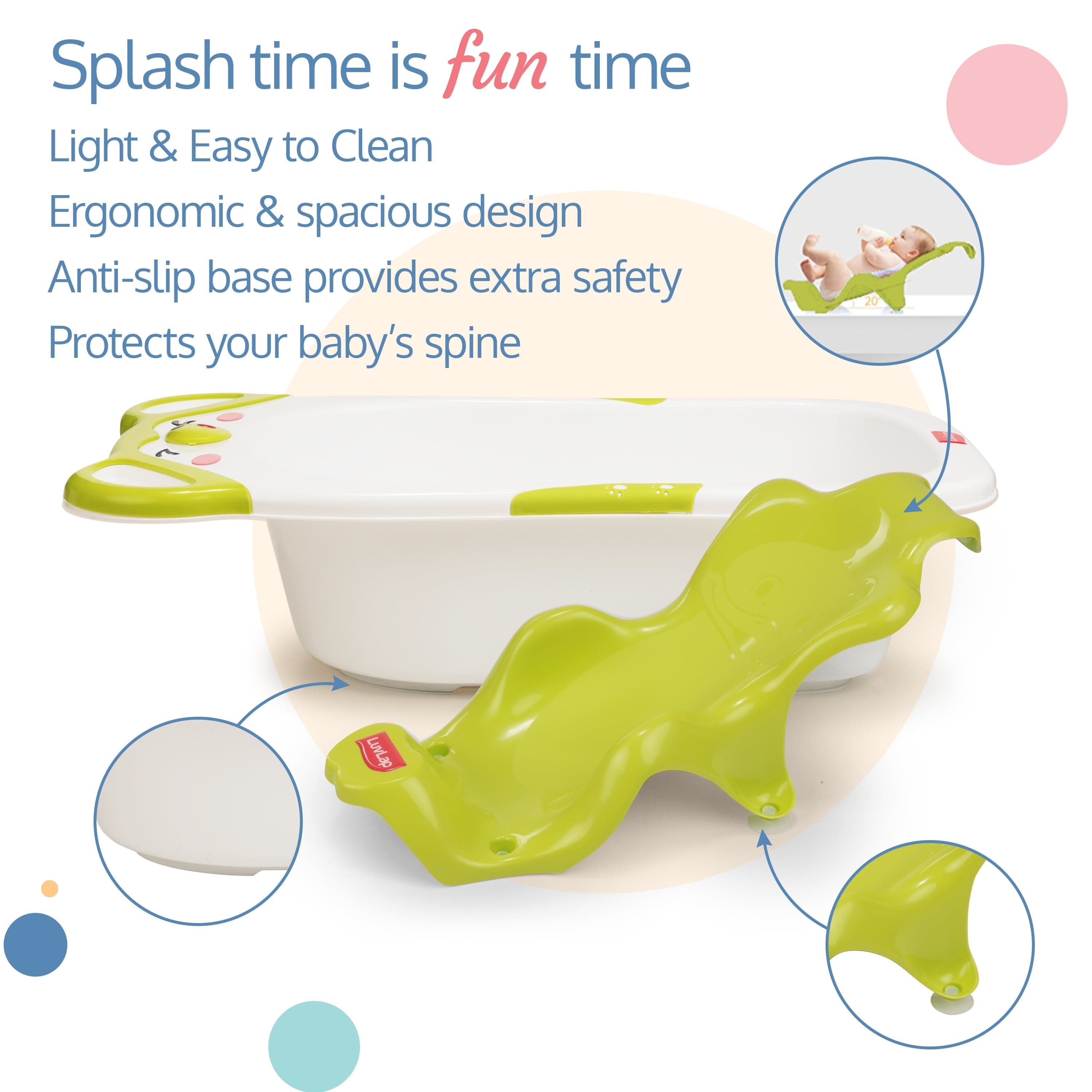 LuvLap Bubble Baby Bathtub (White & Green) & Anti Slip Baby Plastic Bath Chair (Green)