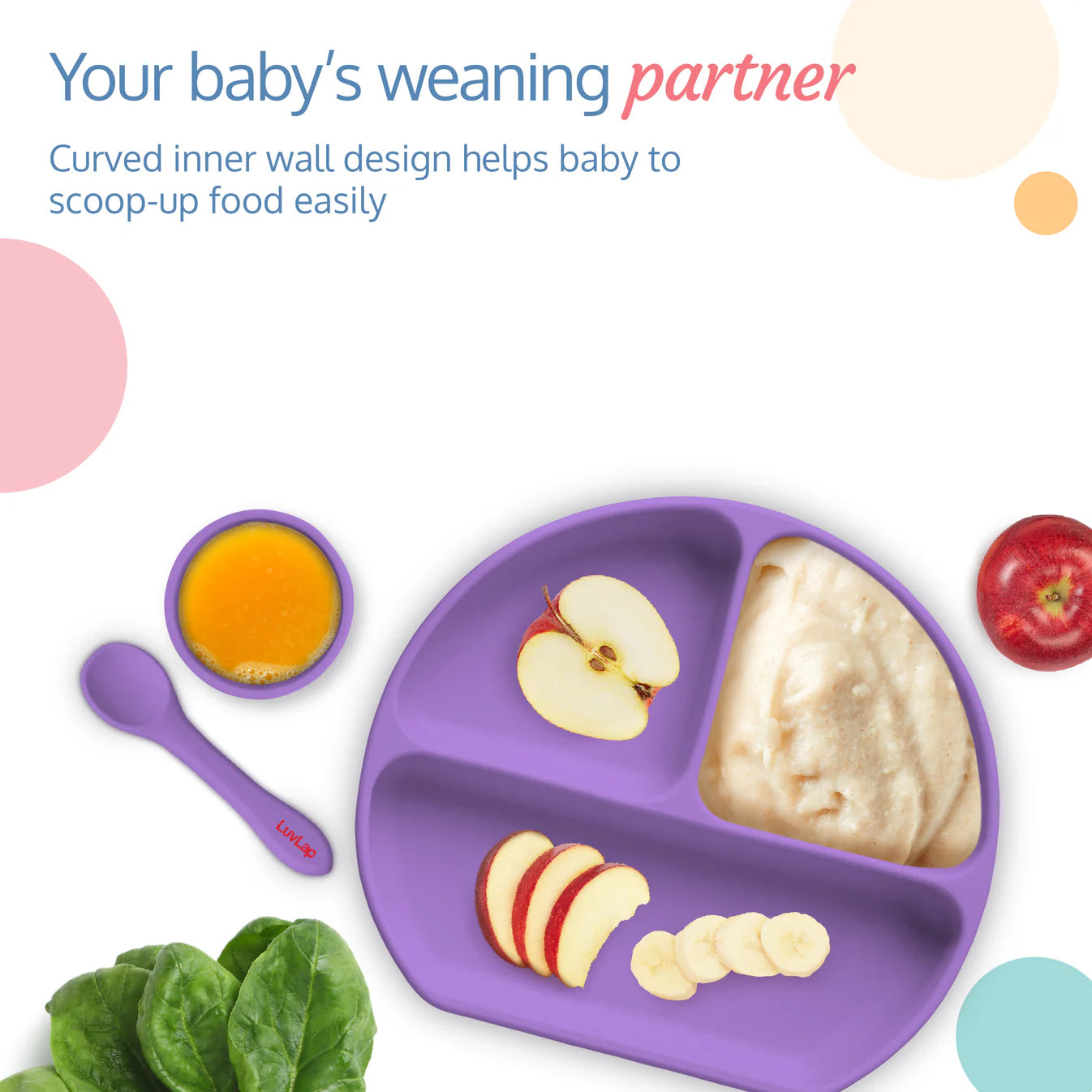 5 - in - 1 Silicone Baby Cutlery Set, Baby Feeding & weansing essentials - Divider Plate with suction base, Tumbler, Bib with crumb catcher, Food Bowl with suction base, Silicone Spoon