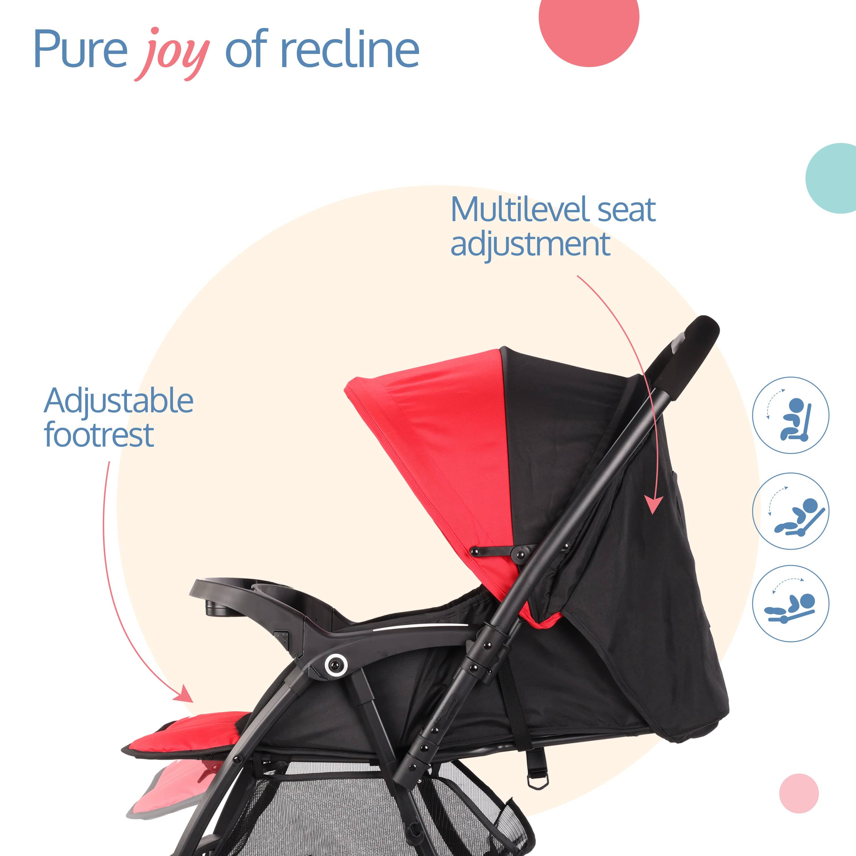 luvlap Golf Baby Stroller/Pram with 5 Point Safety Harness, 0-3 Years, Multi Level Recline & Adjustable footrest, Extendable Canopy, Red & Black