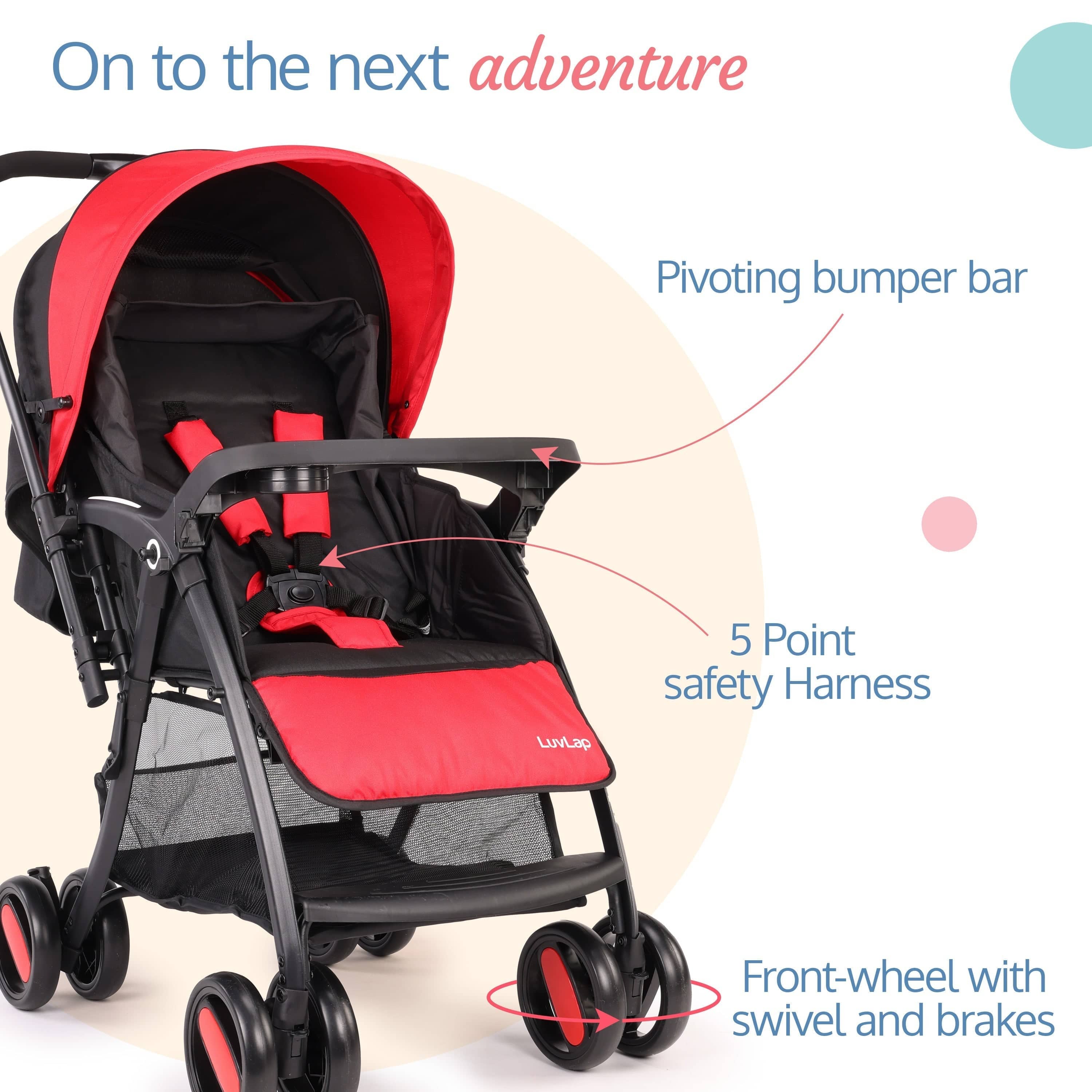 luvlap Golf Baby Stroller/Pram with 5 Point Safety Harness, 0-3 Years, Multi Level Recline & Adjustable footrest, Extendable Canopy, Red & Black