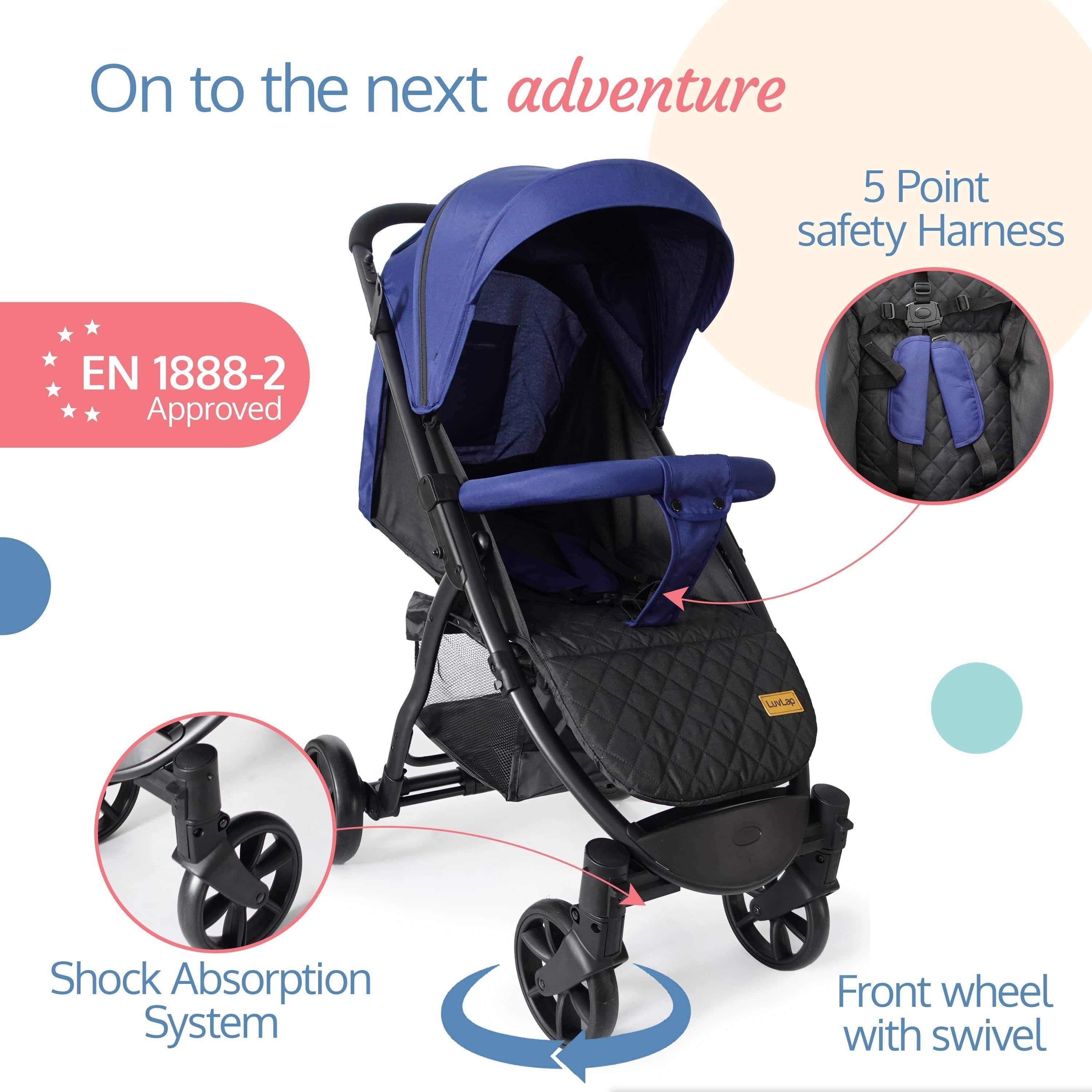 luvlap Primo Baby Stroller/Pram with 5 Point Safety Harness, EN1888-2 Certified, Looking Window, Multi Level Recline & Adjustable footrest, Extendable Canopy, Blue