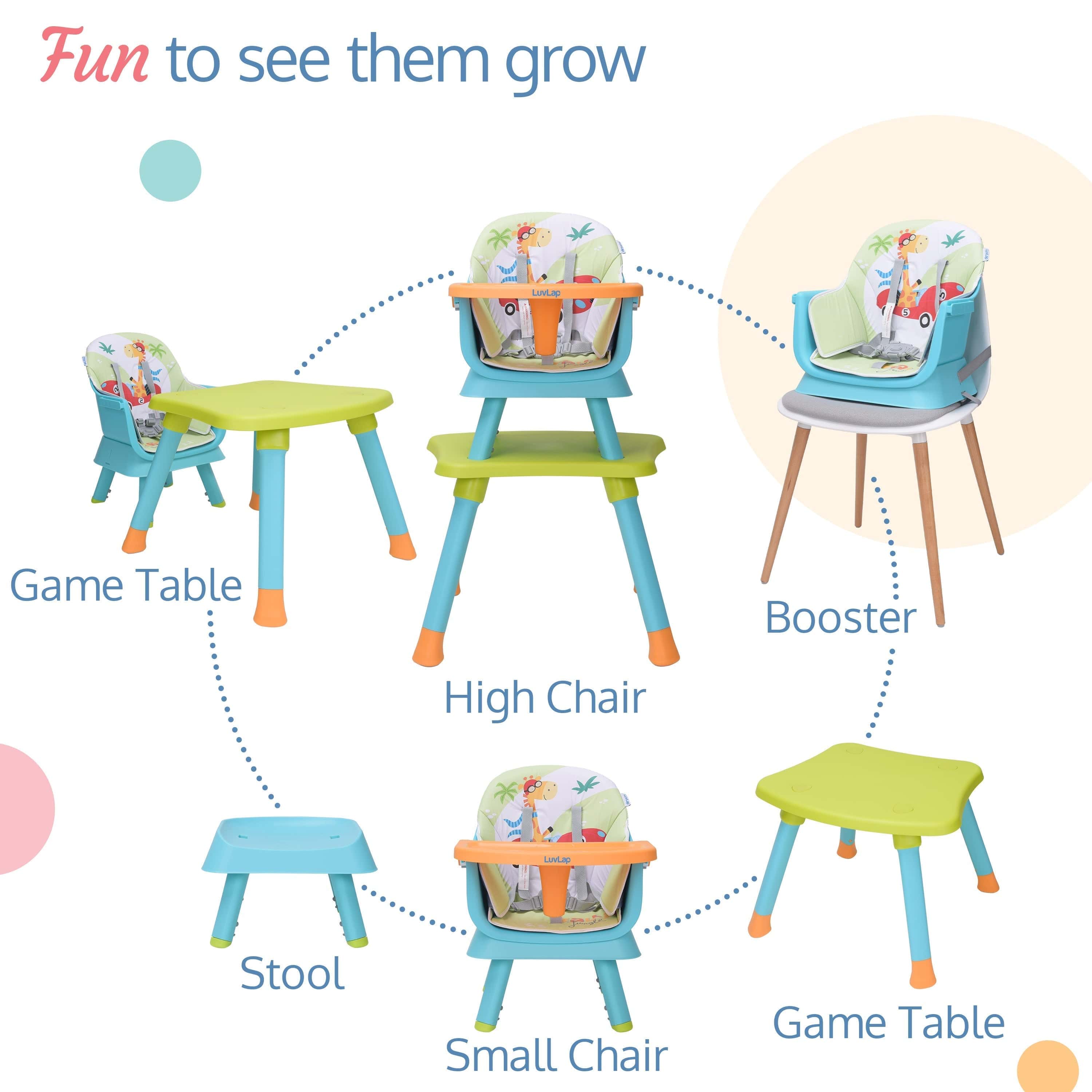 luvlap Multifunction 6 in 1 High Chair used as Baby High, Booster, Small Dining Chair,  (Green & Blue)