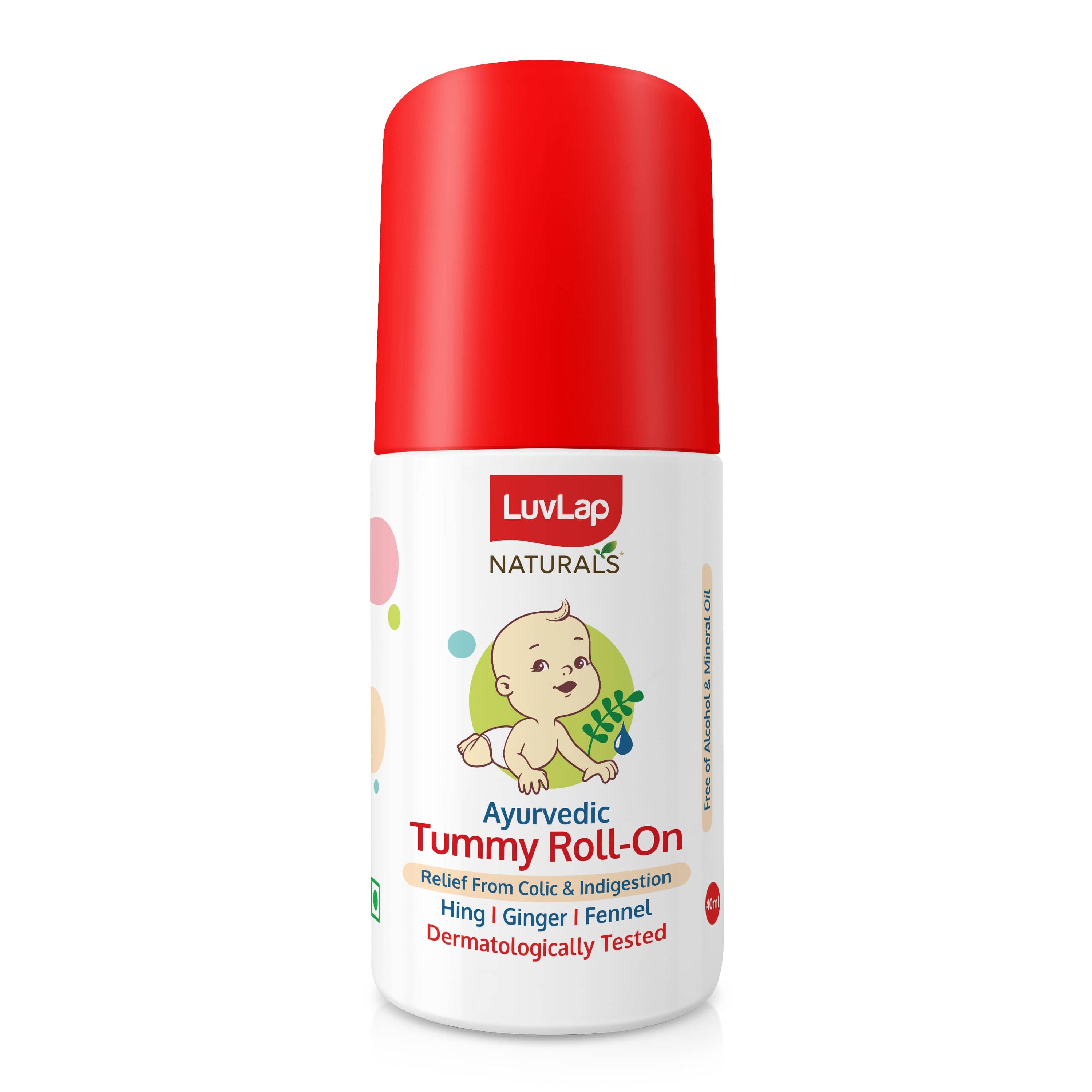 LuvLap Naturals Baby Tummy Roll On Oil for Colic & Gas Relief, Relieves Constipation & Indigestion with Hing, Ginger & Fennel (Saunf), Alcohol free, Dermatologically tested Ayurvedic medicine, 40ml