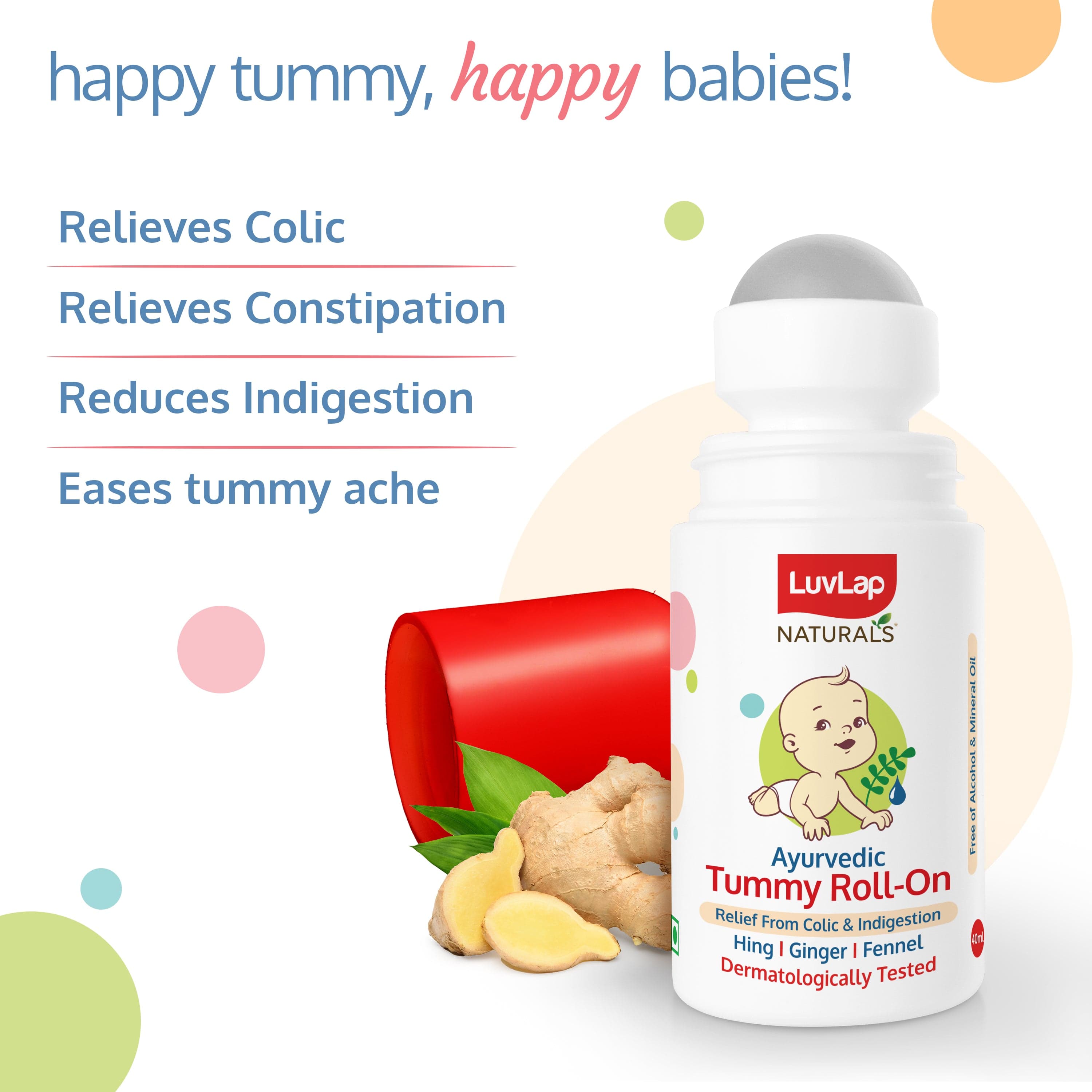LuvLap Naturals Baby Tummy Roll On Oil for Colic & Gas Relief, Relieves Constipation & Indigestion with Hing, Ginger & Fennel (Saunf), Alcohol free, Dermatologically tested Ayurvedic medicine, 40ml