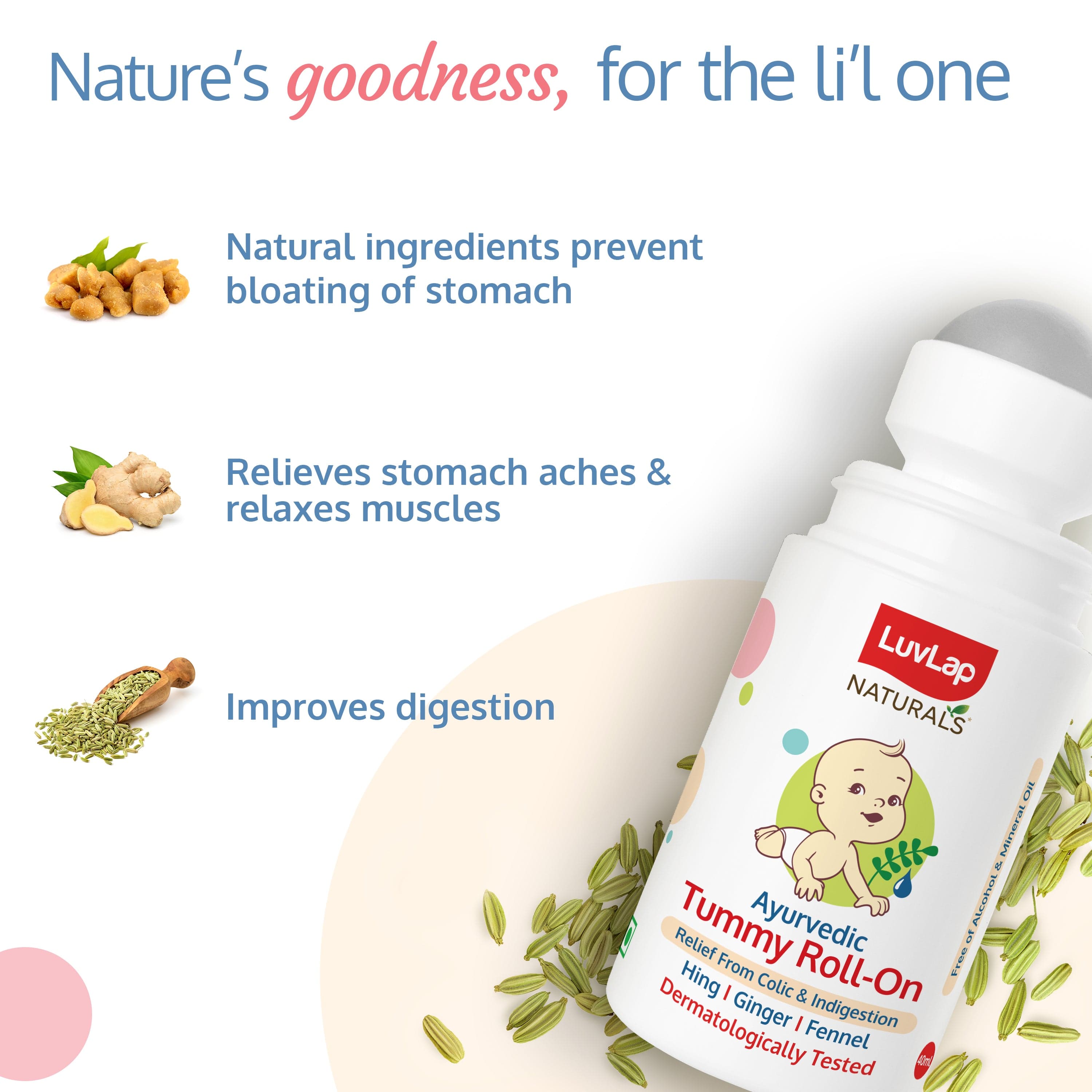 LuvLap Naturals Baby Tummy Roll On Oil for Colic & Gas Relief, Relieves Constipation & Indigestion with Hing, Ginger & Fennel (Saunf), Alcohol free, Dermatologically tested Ayurvedic medicine, 40ml