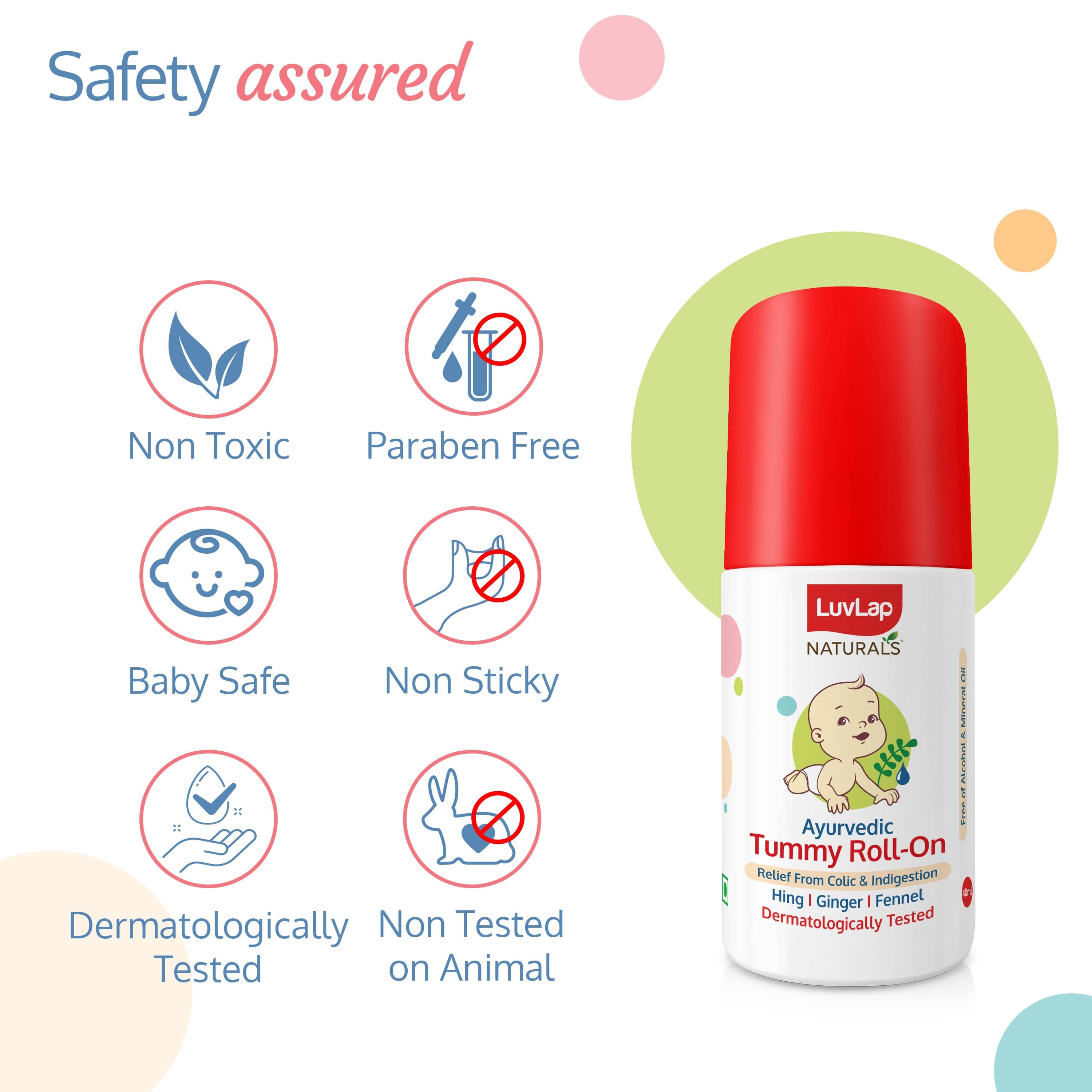 LuvLap Naturals Baby Tummy Roll On Oil for Colic & Gas Relief, Relieves Constipation & Indigestion with Hing, Ginger & Fennel (Saunf), Alcohol free, Dermatologically tested Ayurvedic medicine, 40ml