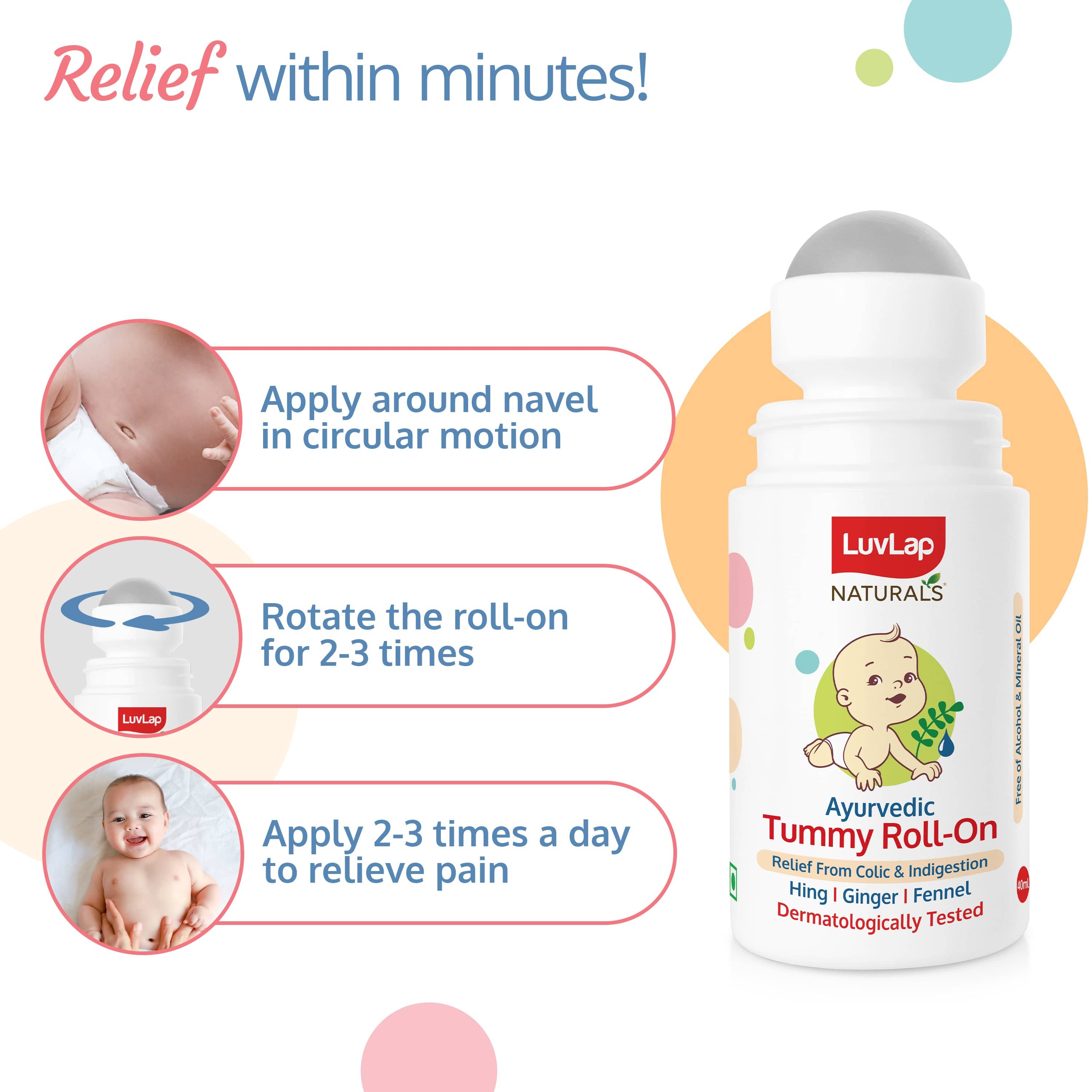 LuvLap Naturals Baby Tummy Roll On Oil for Colic & Gas Relief, Relieves Constipation & Indigestion with Hing, Ginger & Fennel (Saunf), Alcohol free, Dermatologically tested Ayurvedic medicine, 40ml