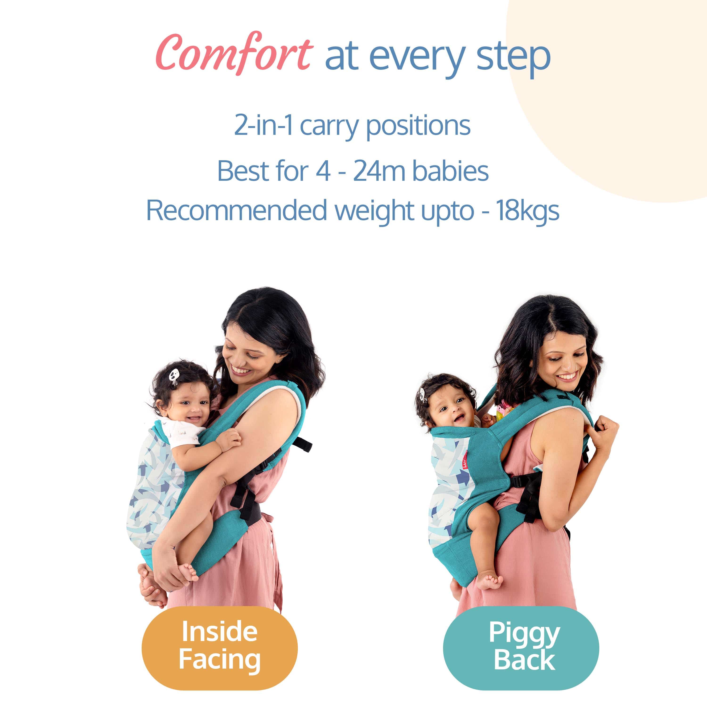 LuvLap Adore Baby Carrier with 2 Carry Positions, Carrier for 4 to 24 Months Baby, Breathable Skin Friendly Premium Fabric, Adjustable Newborn to Toddler Carrier, Max Weight Upto 18 Kgs (Light Blue)