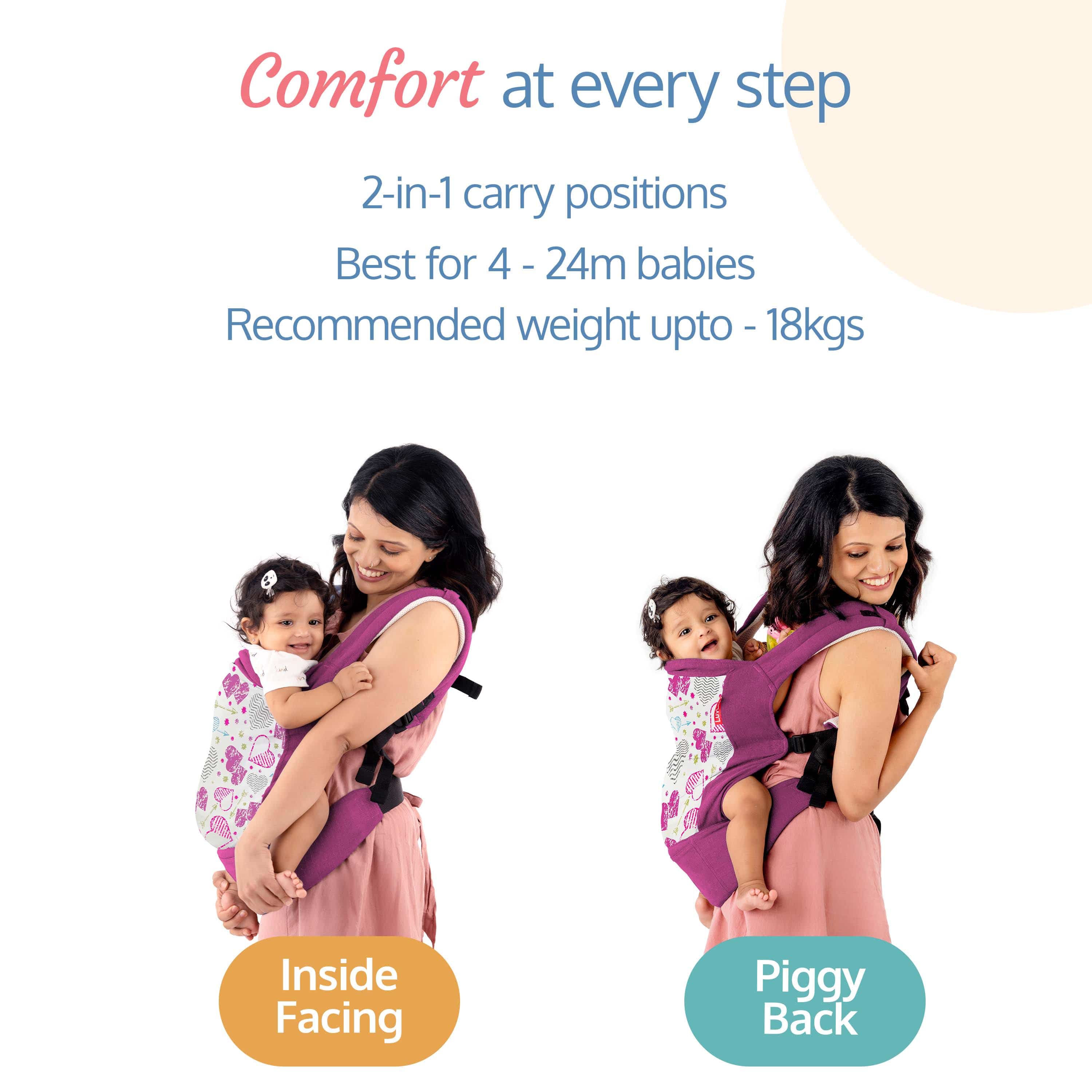 LuvLap Adore Baby Carrier with 2 Carry Positions, Carrier for 4 to 24 Months Baby, Breathable Skin Friendly Premium Fabric, Adjustable Newborn to Toddler Carrier, Max Weight Upto 18 Kgs (Pink)