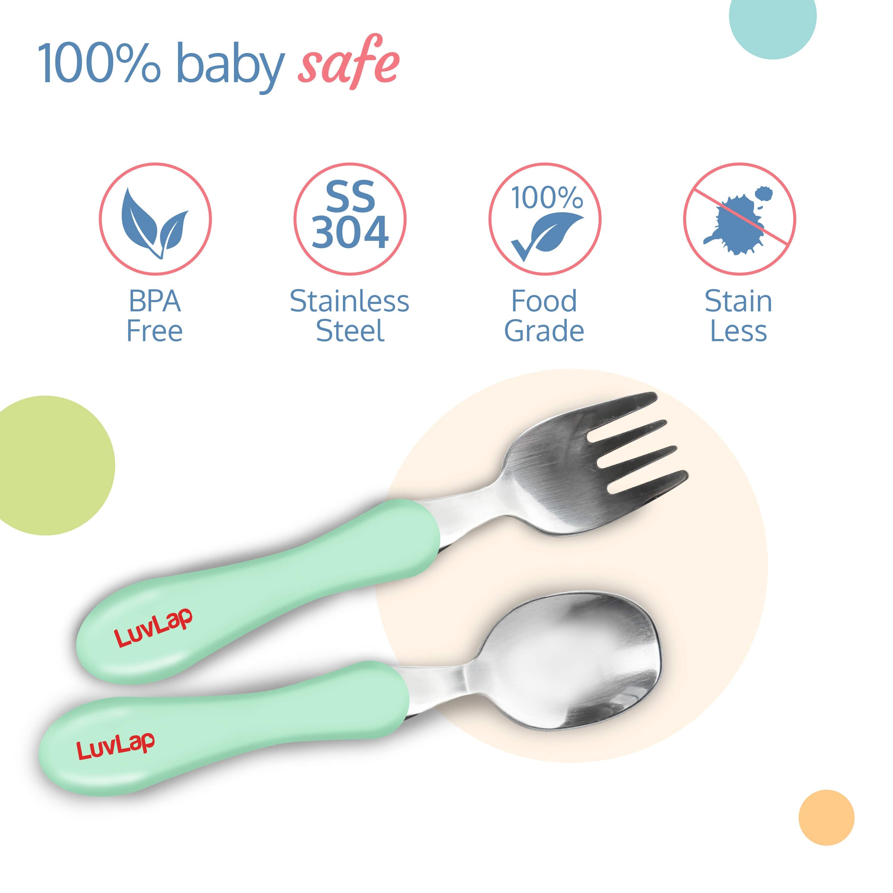 LuvLap Premium Stainless Steel Baby Spoon & Fork Set for Baby Feeding, Stainless Steel Spoon and Fork Set, Food Grade PP Spoon, BPA Free Feeding Spoon for Kids of 12+ Months (Light Green)